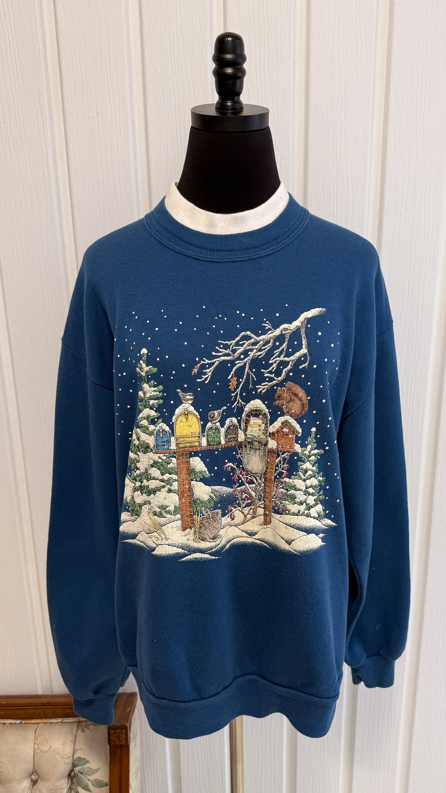 Chandail crewneck bleu cabanes oiseaux - large