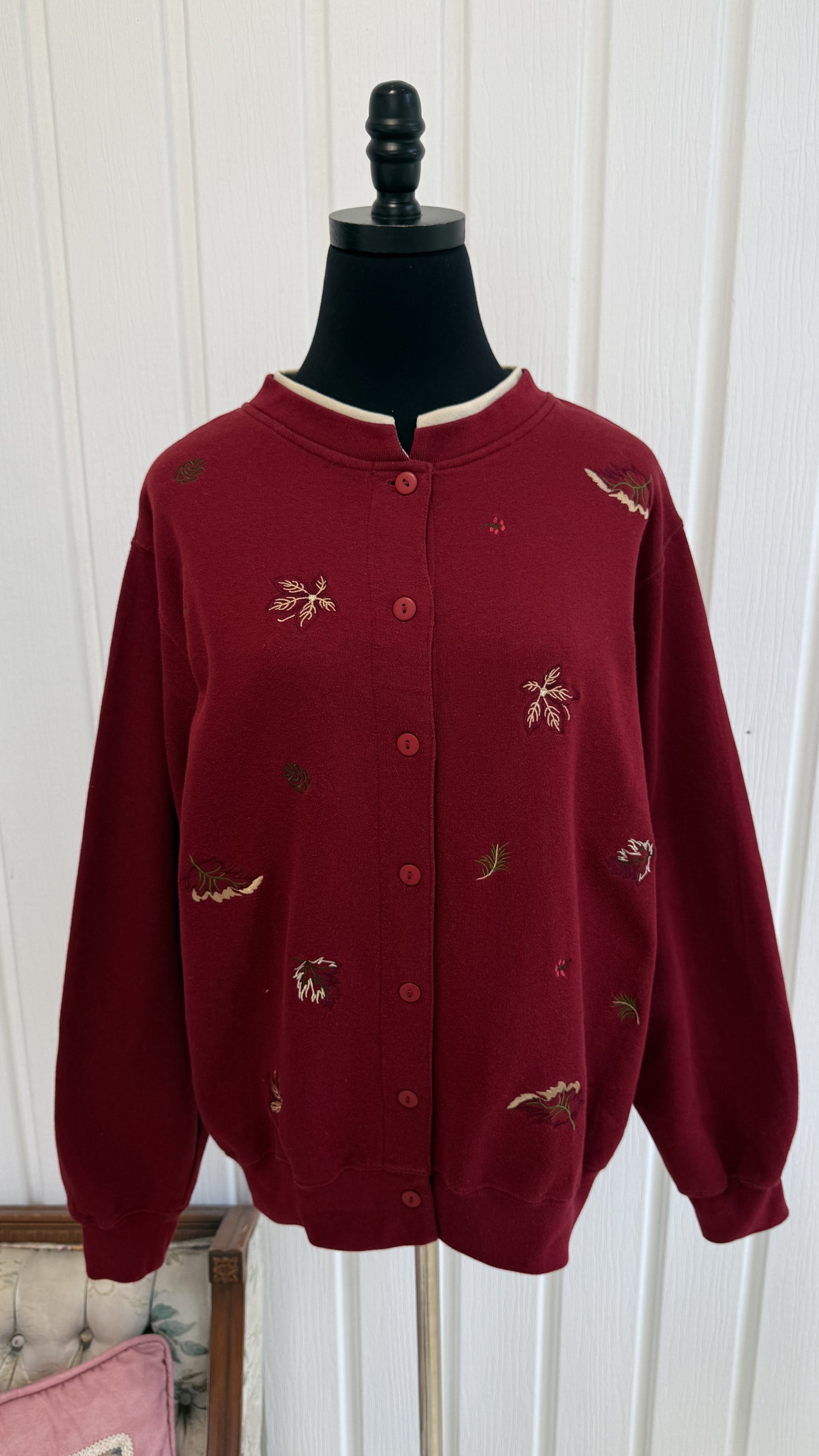 Cardigan/crewneck rouge à feuille- large