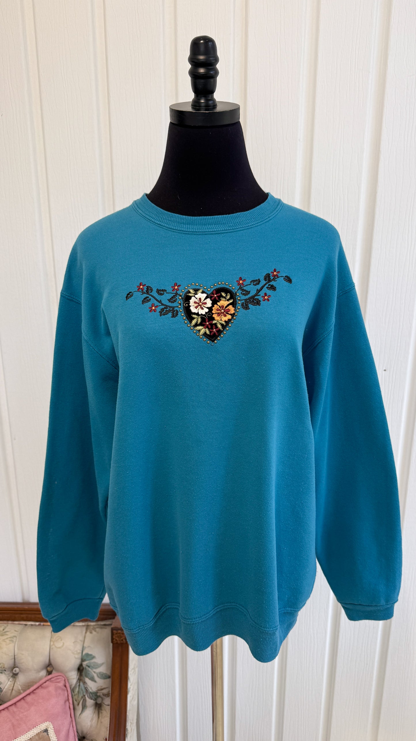 Chandail crewneck bleu coeur fleuris- large