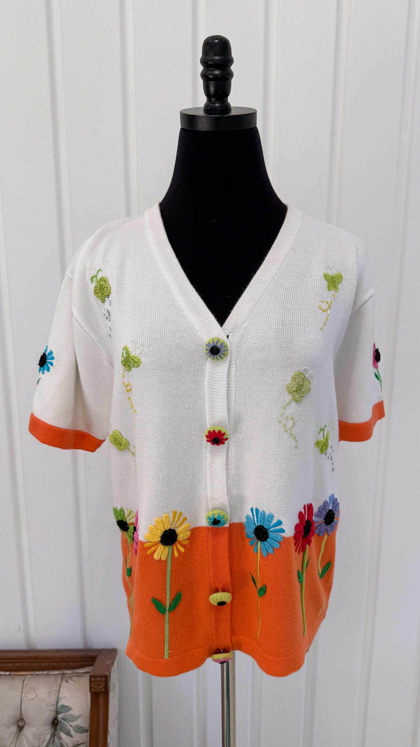 T-shirt en tricot blanc et orange fleuris- medium