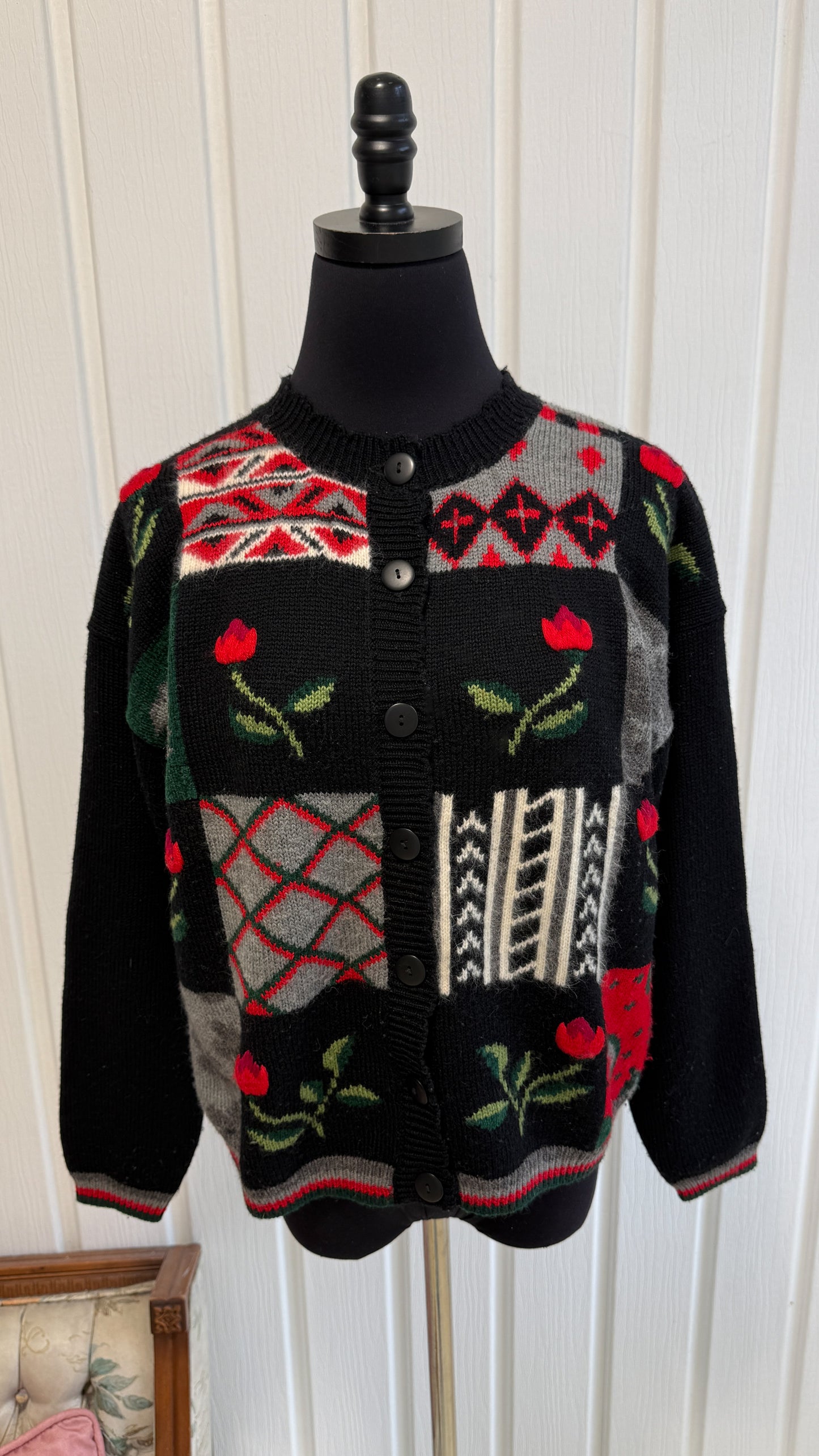 Cardigan tricot fleuris rouge- small