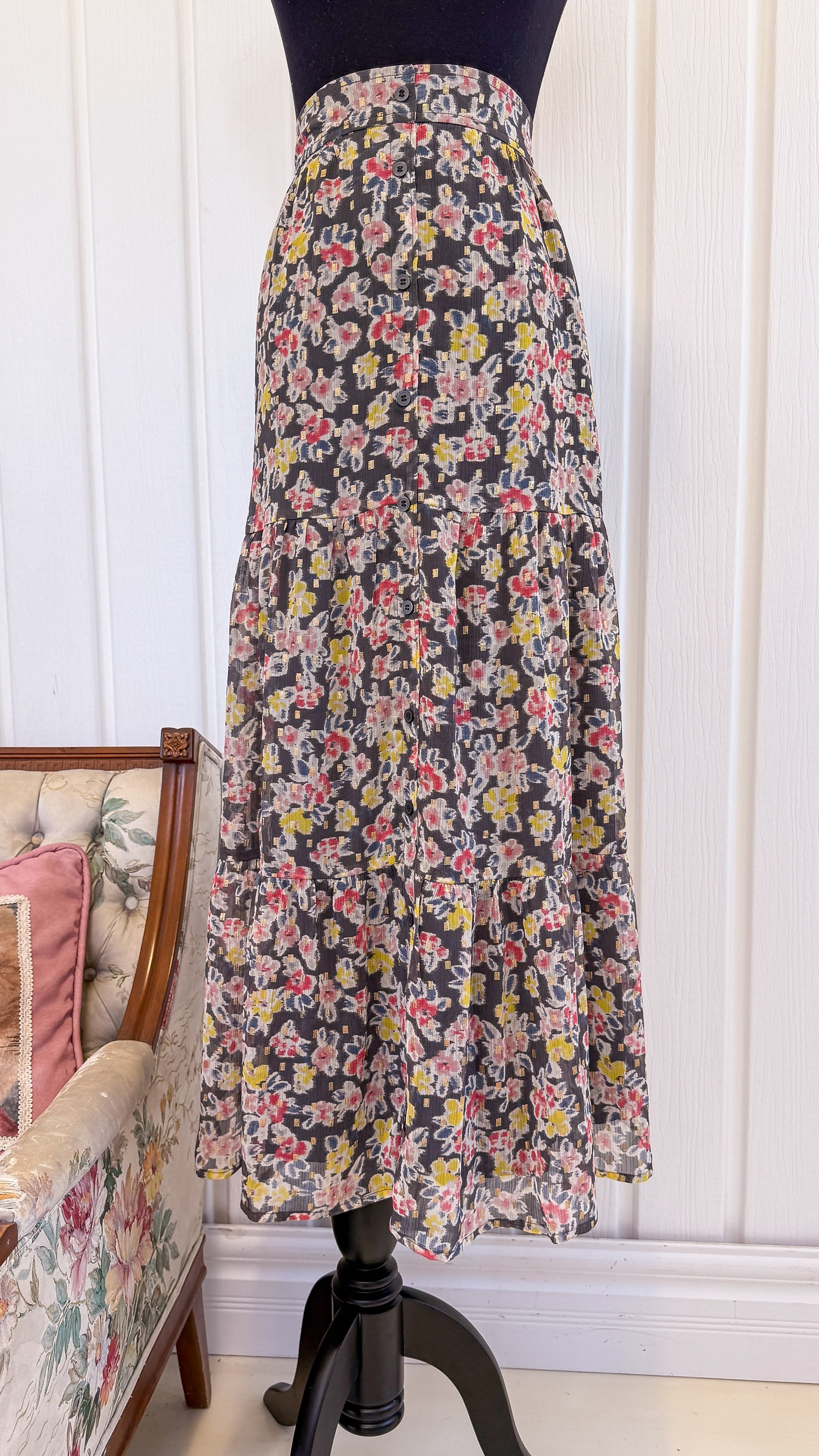 Jupe grise fleurie rose et jaune Loft- small