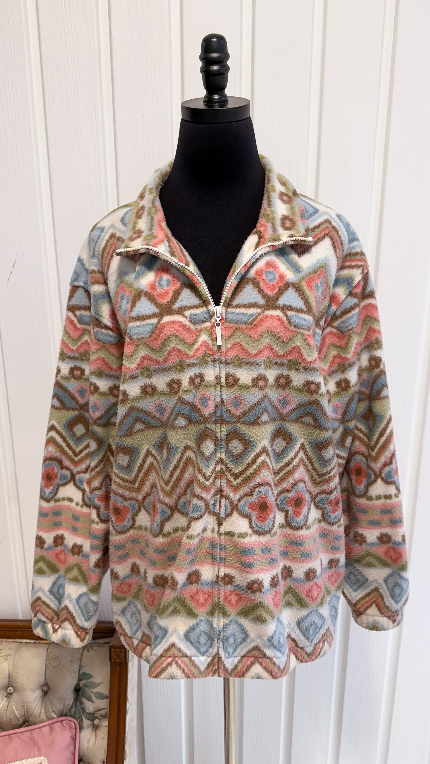 Veste en polar beige fleurie rose- large