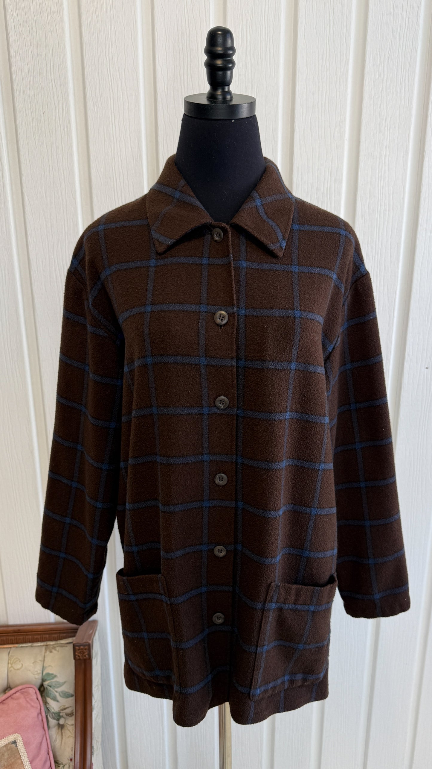 Chemisier en flanelle brun carreauté bleu- large