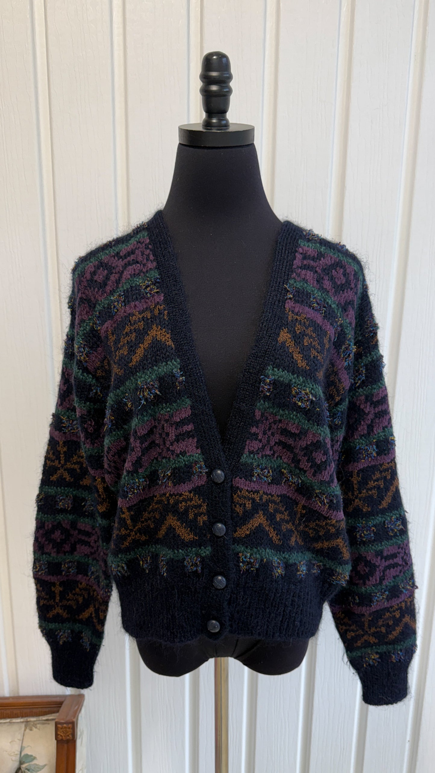 Cardigan mohair marine rayures à motifs- medium