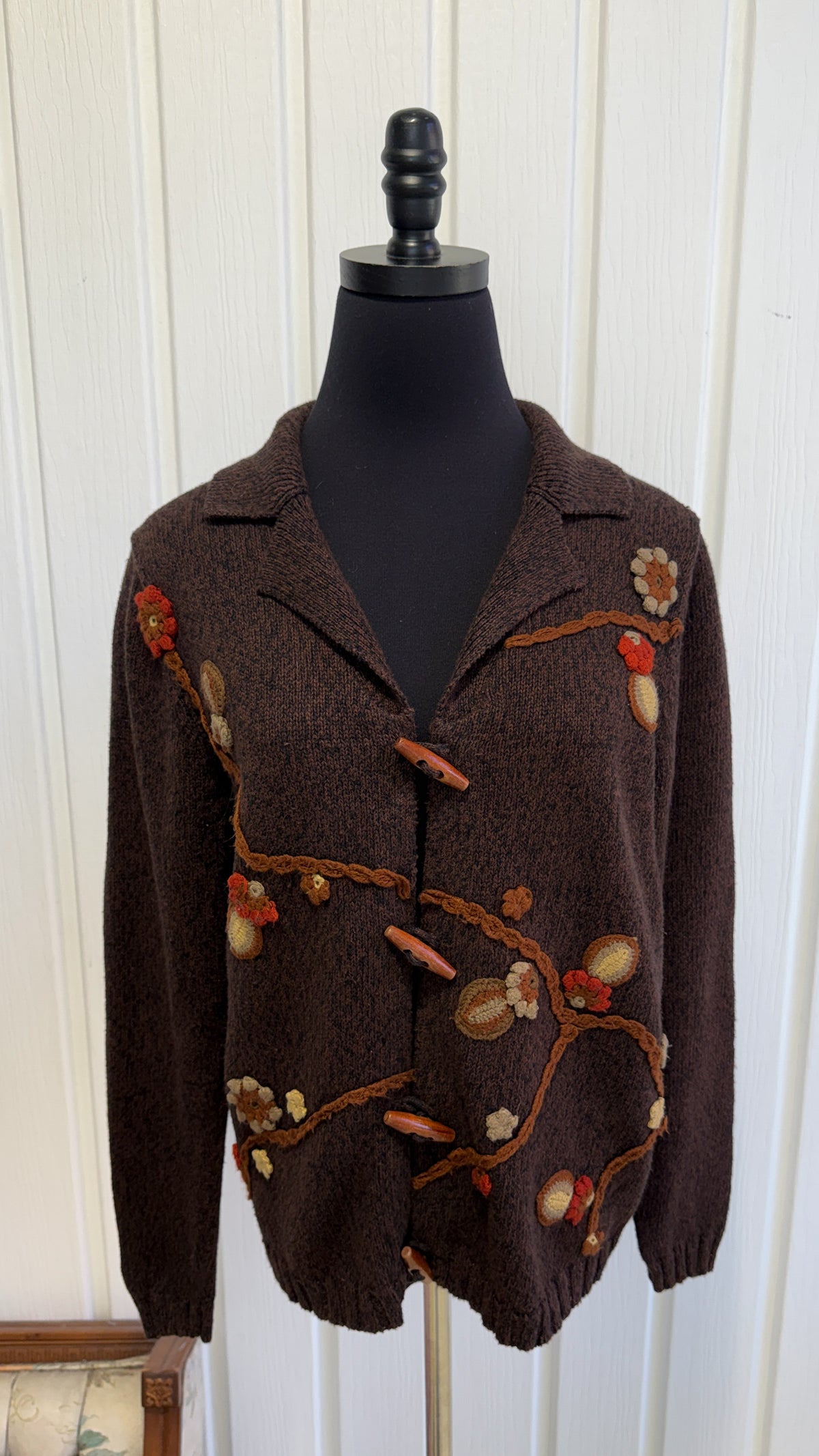 Cardigan tricot brun fleuris- small