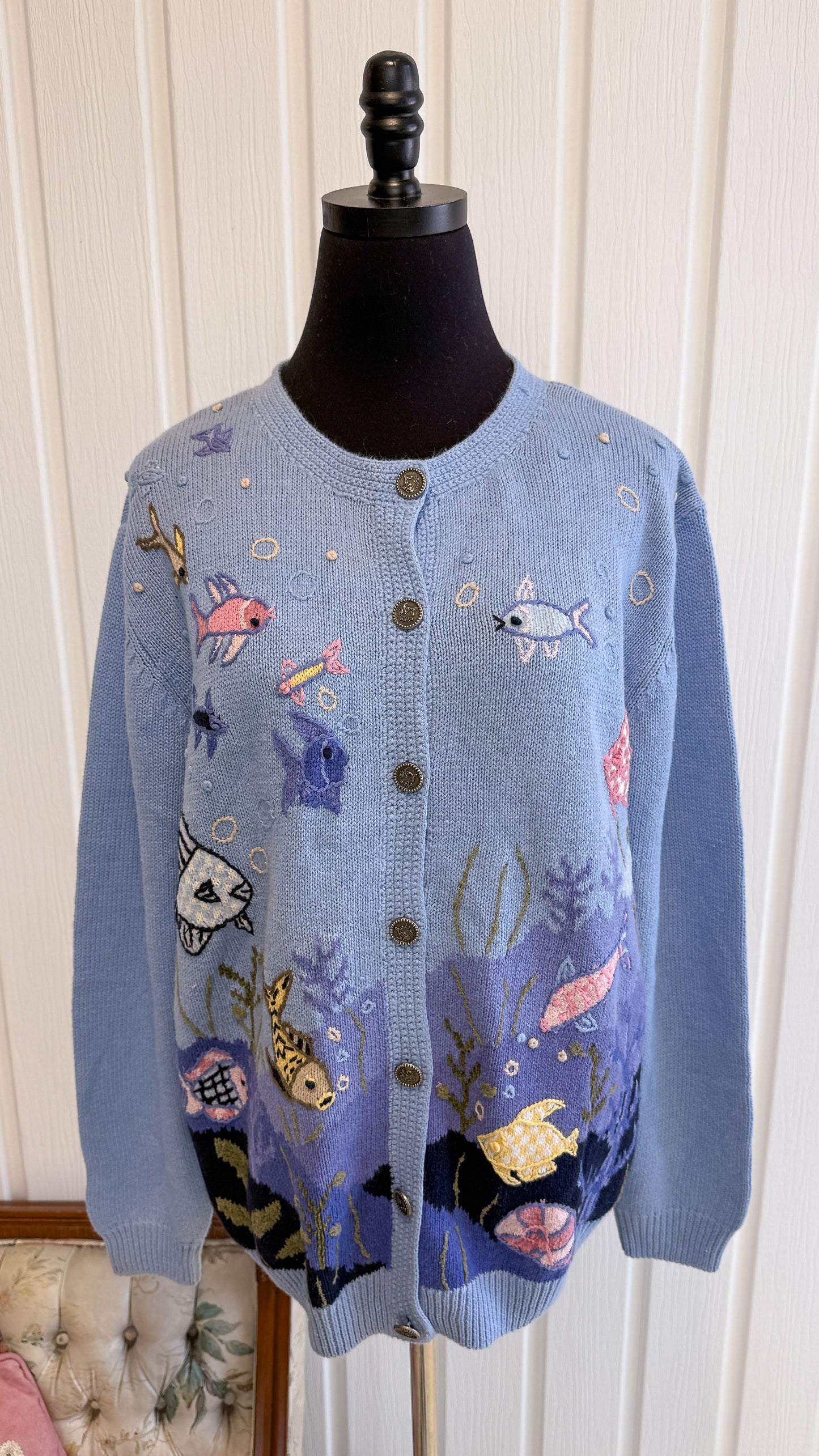 Cardigan tricot bleu poissons- large