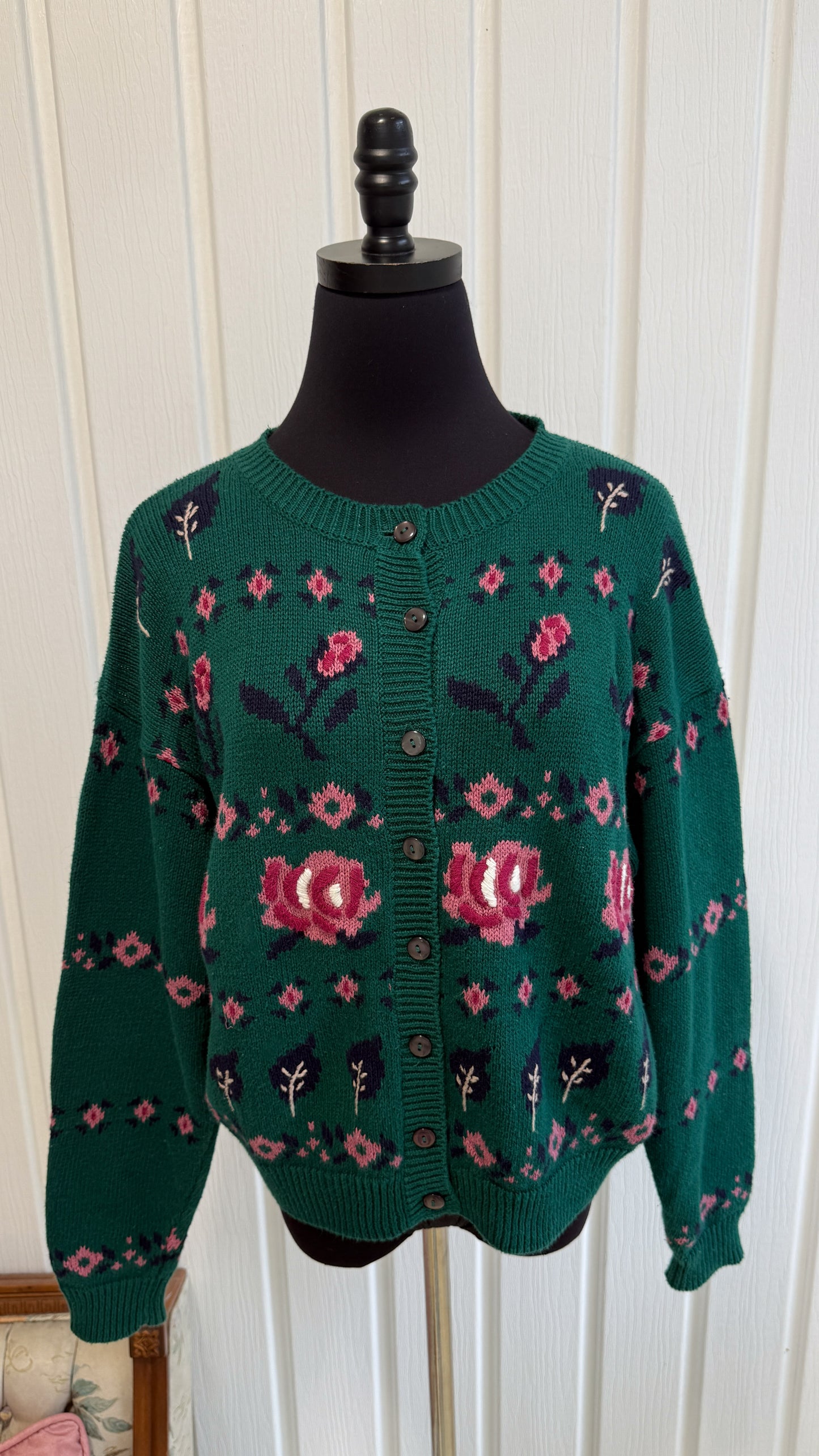 Cardigan tricot vert fleuris-medium