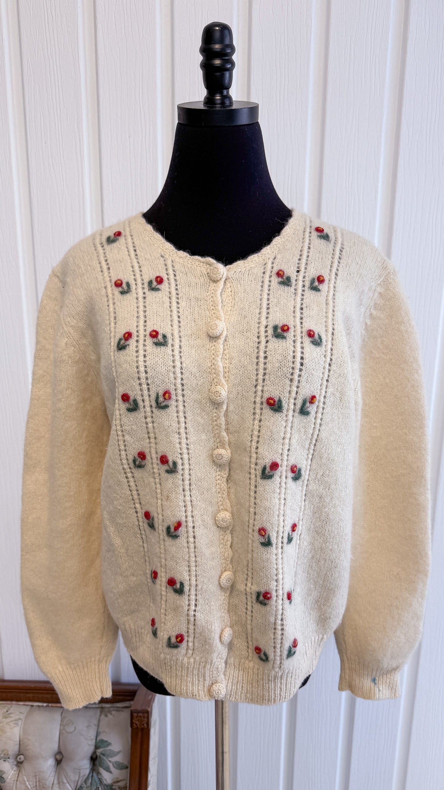 Cardigan en lainage beige fleuris- small