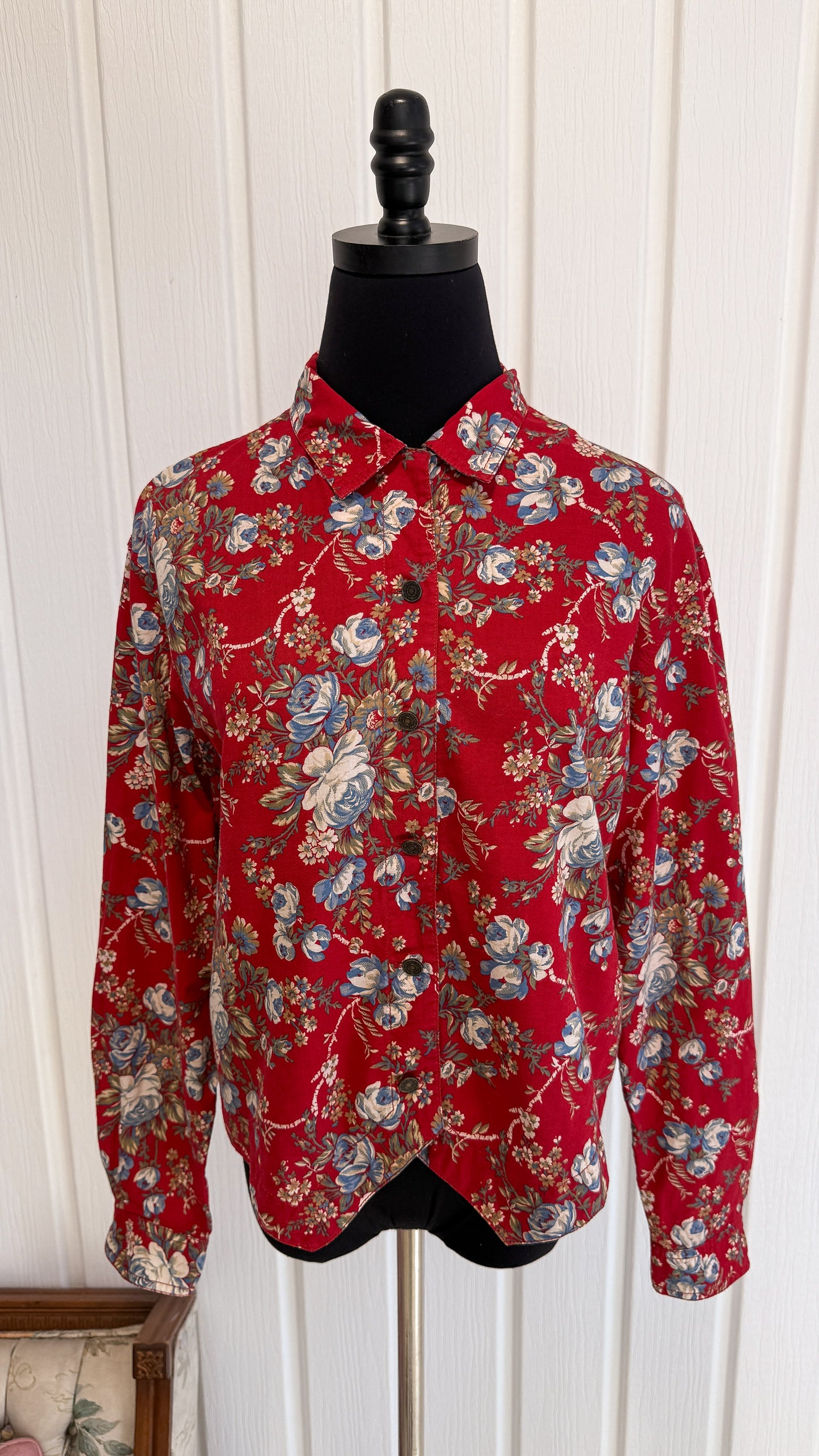 Red blouse with blue and beige floral print - medium