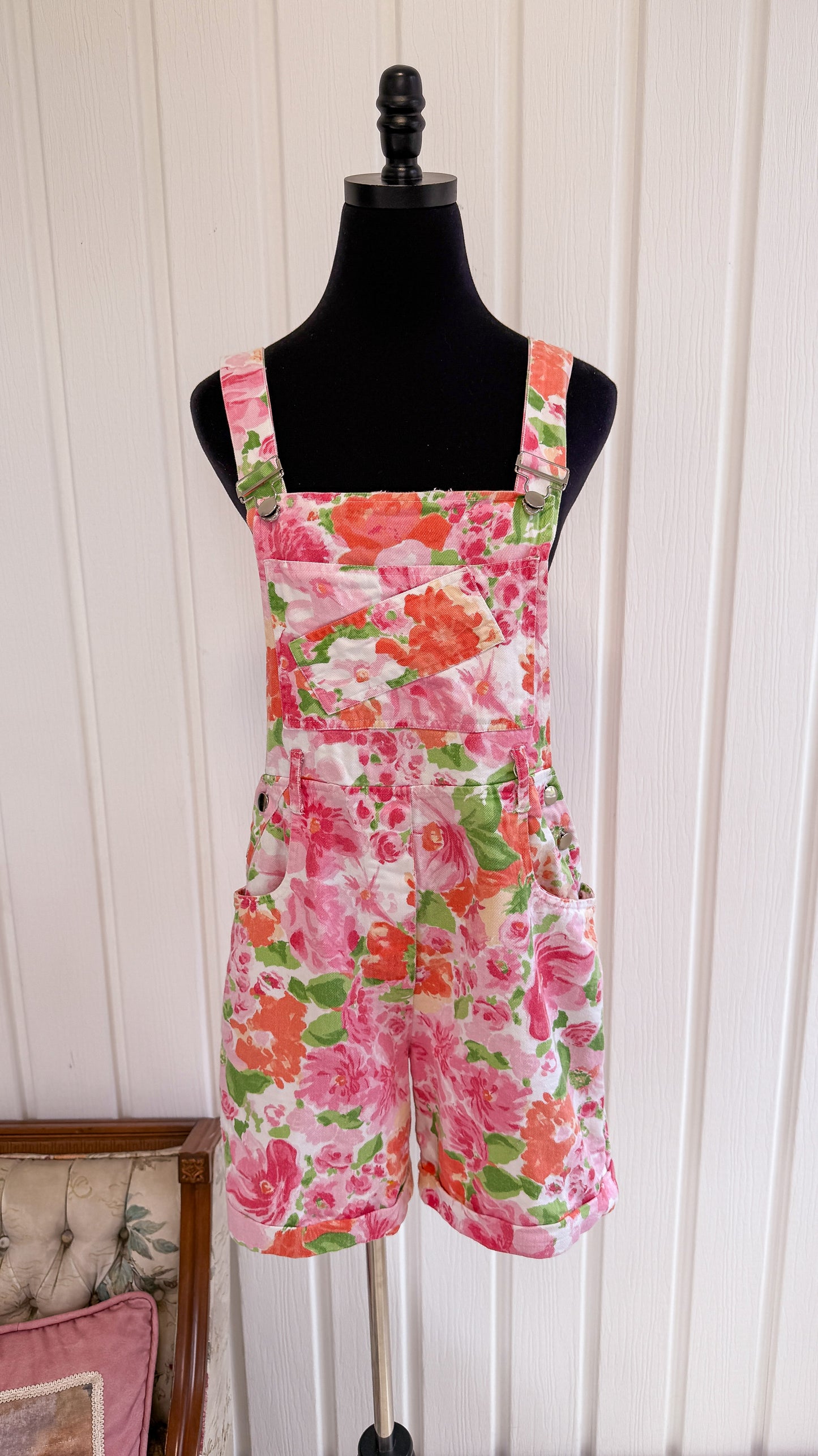 Salopette en jeans fleurie rose- small