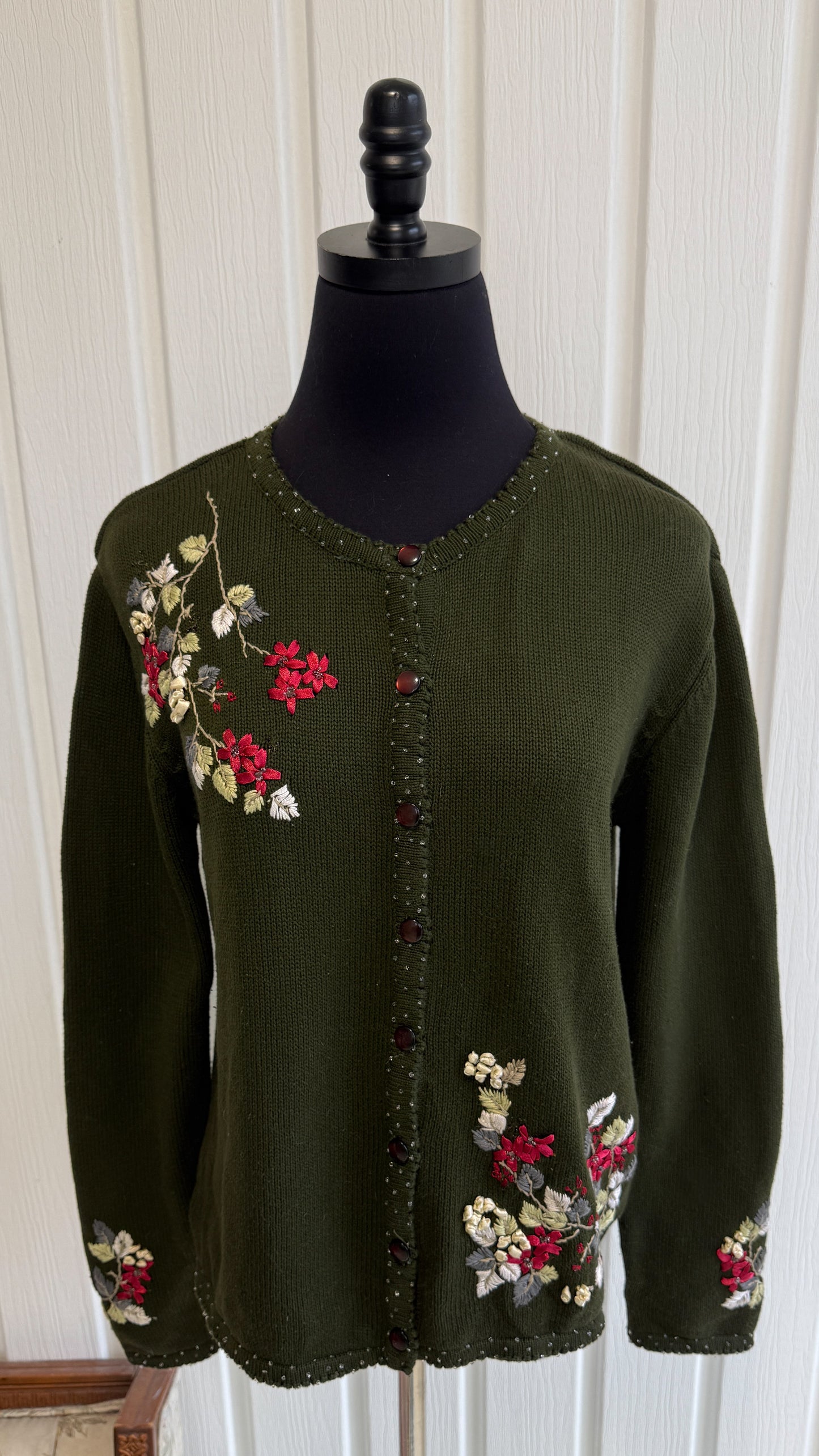 Cardigant tricot vert fleuris- small