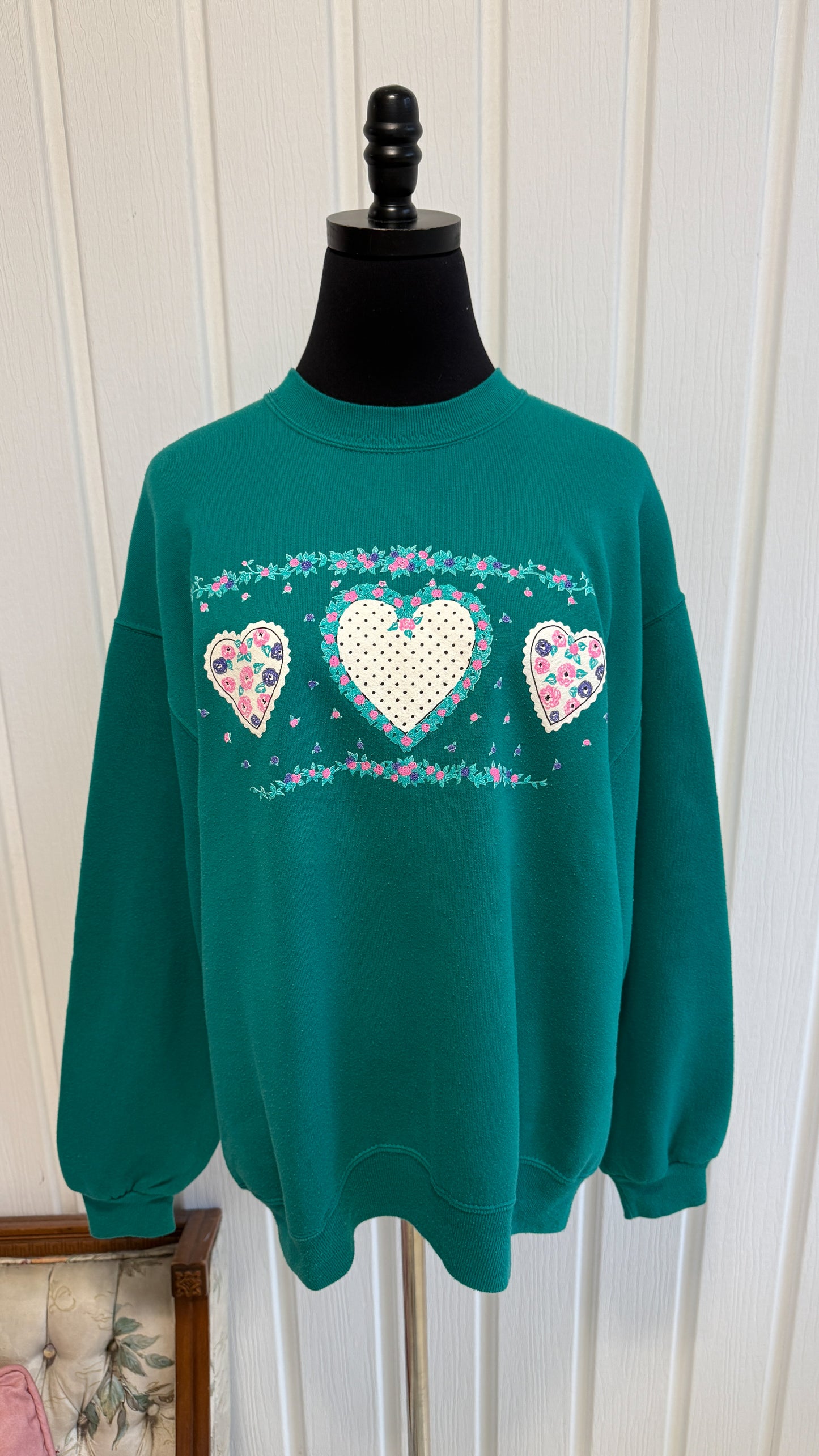 Chandail crewneck turquoise coeurs- medium