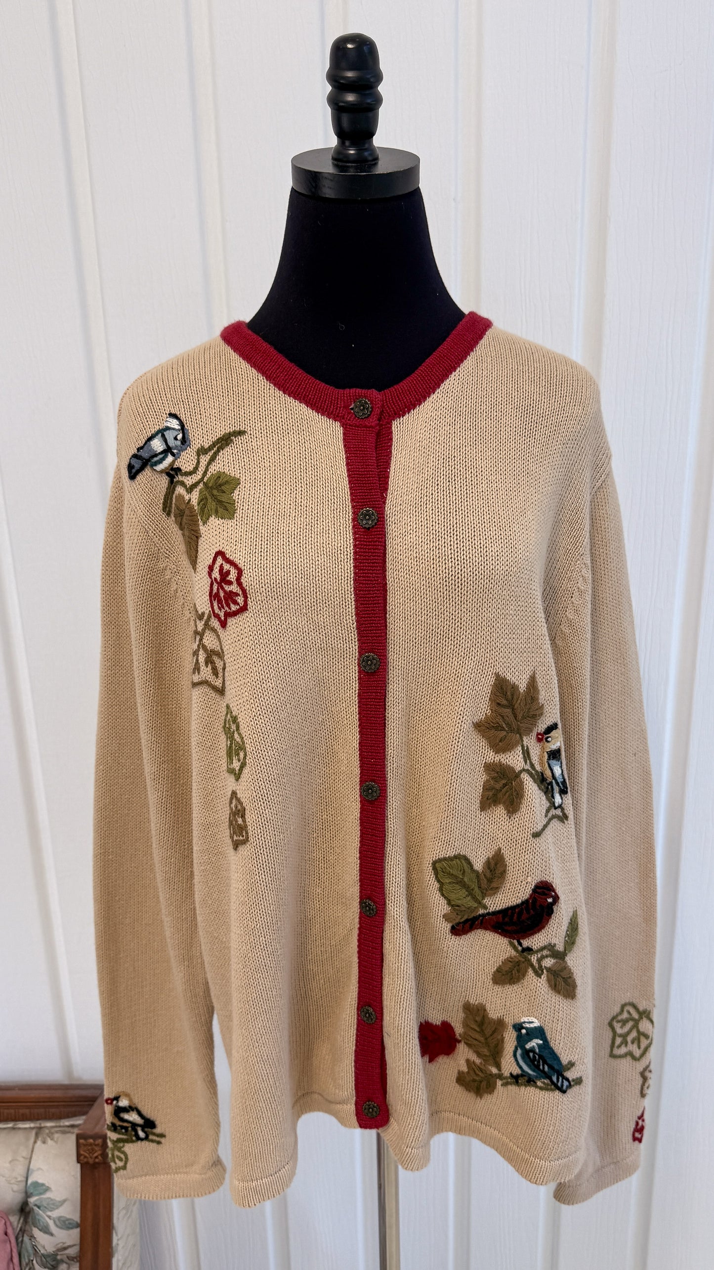 Cardigan tricot beige oiseaux- large