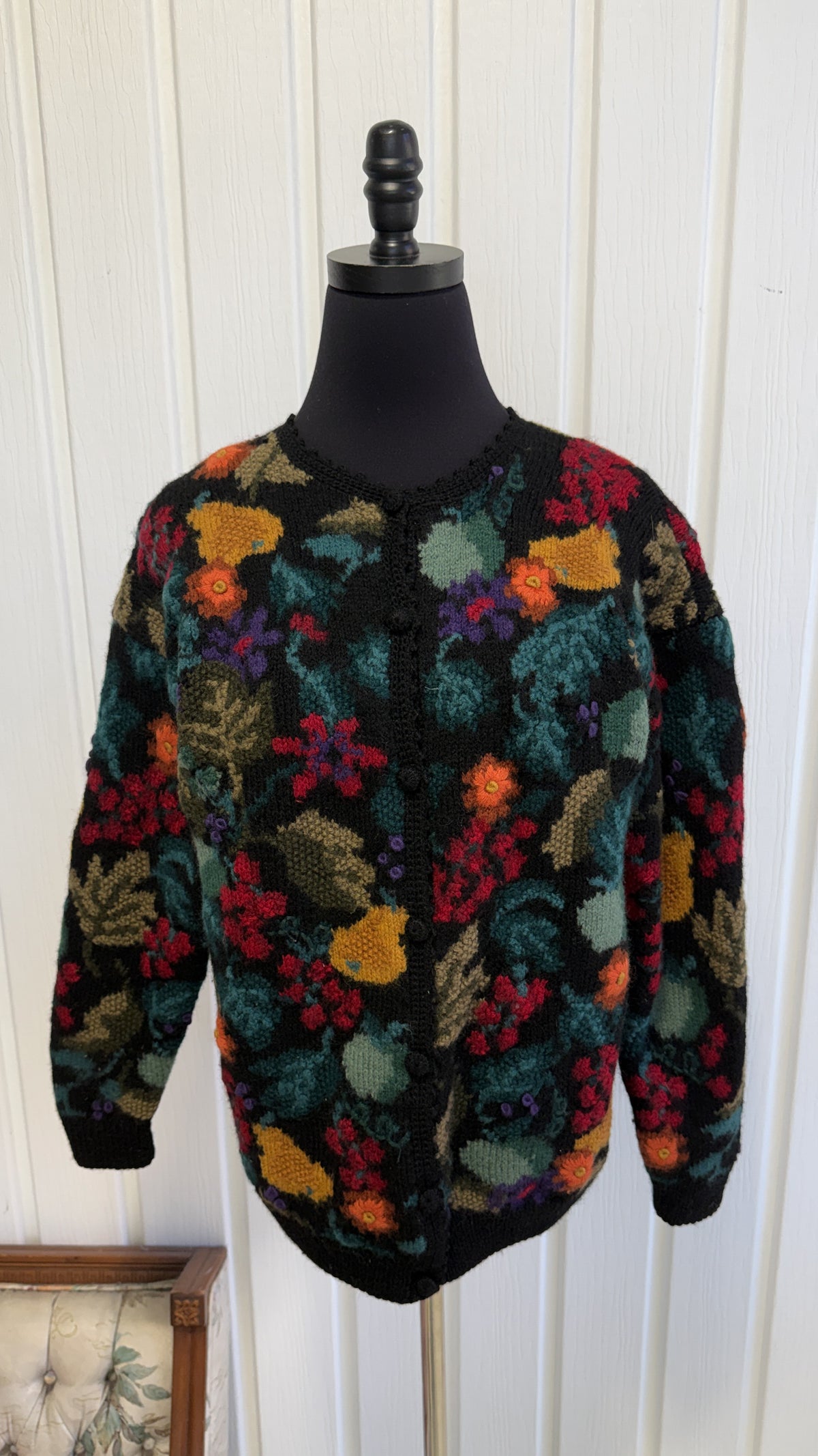 Cardigan tricot fleurs et fruits- small