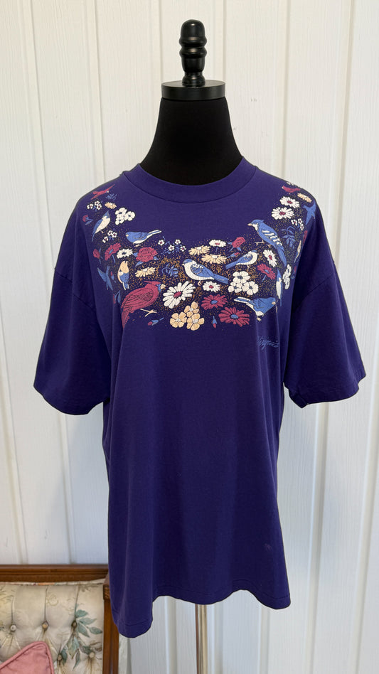 Purple Birds and Flowers T-shirt - X-Large