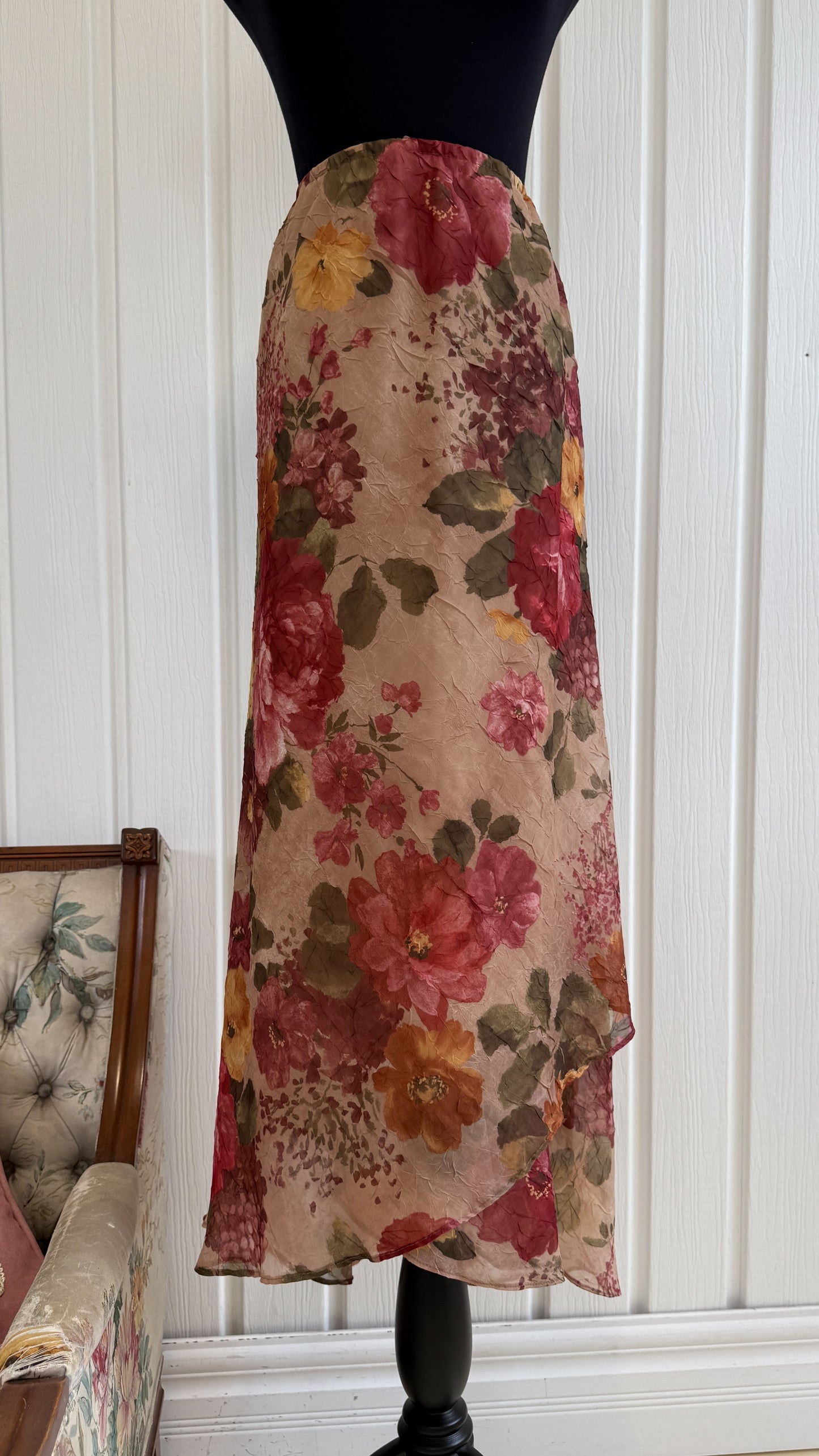 Jupe beige fleurie rose et jaune- large