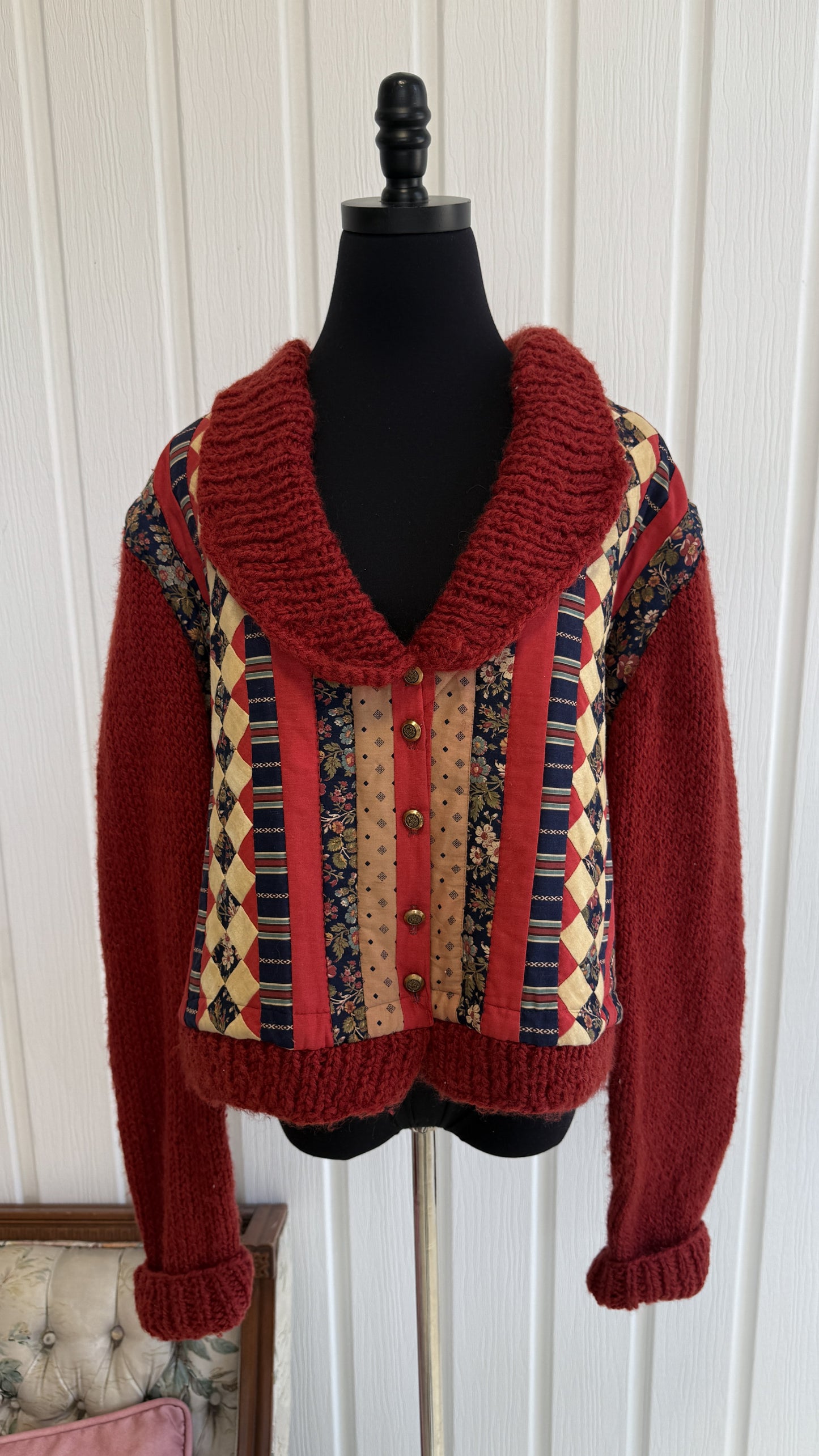 Cardigan tricot rouge à motifs patchwork- large
