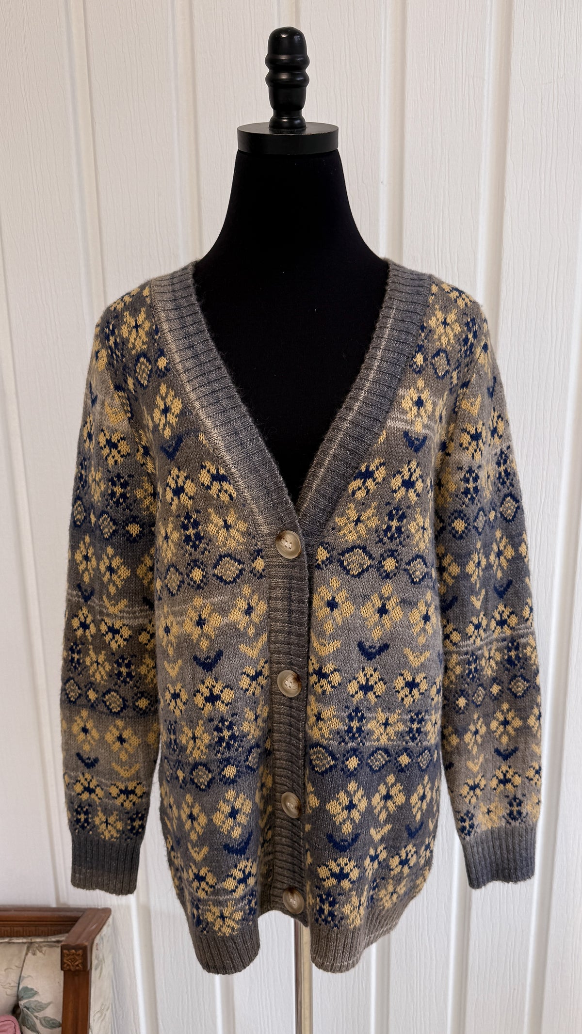 Cardigan tricot gris fleuris jaune- medium