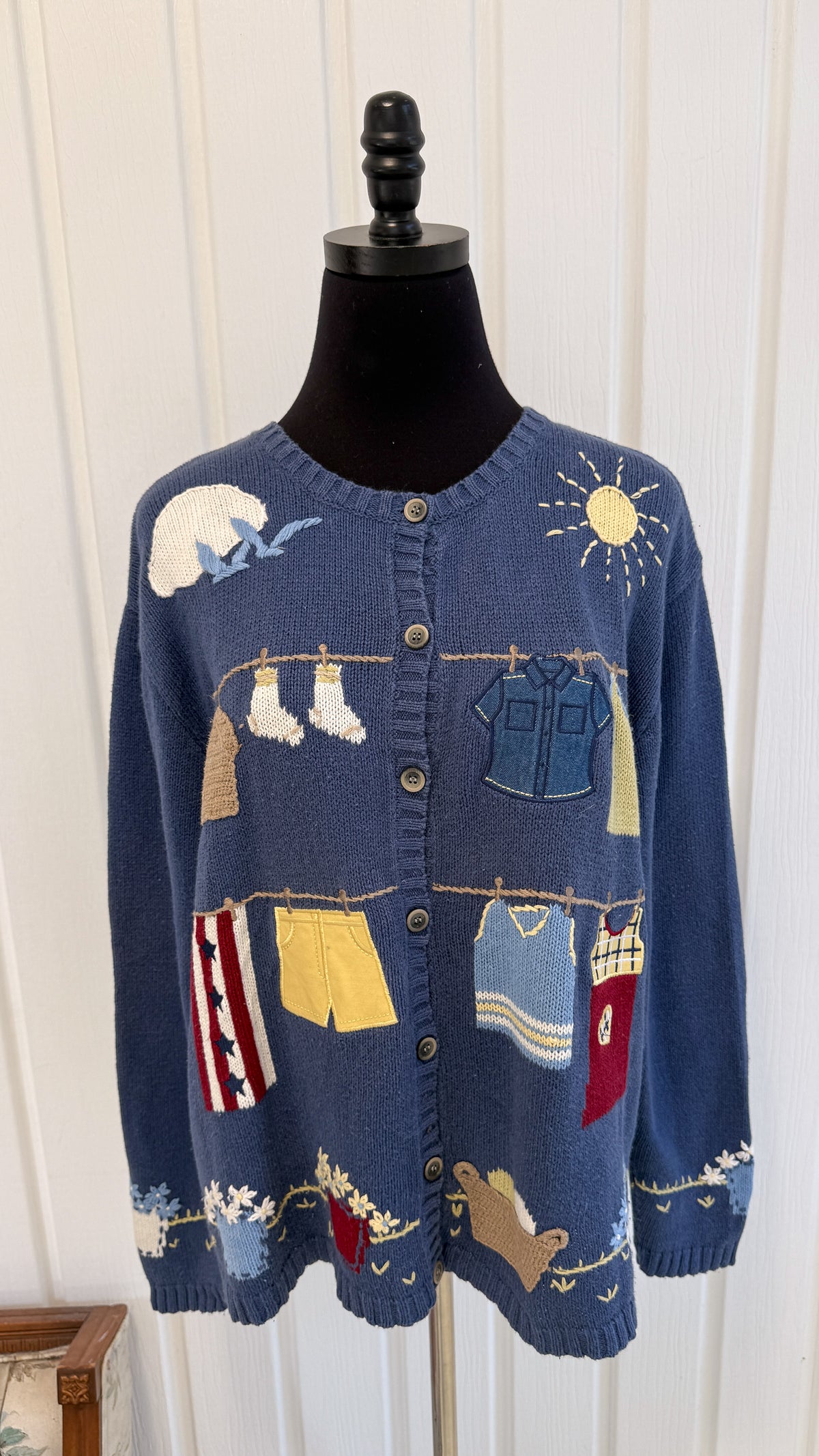 Cardigan tricot bleu corde à linge- large