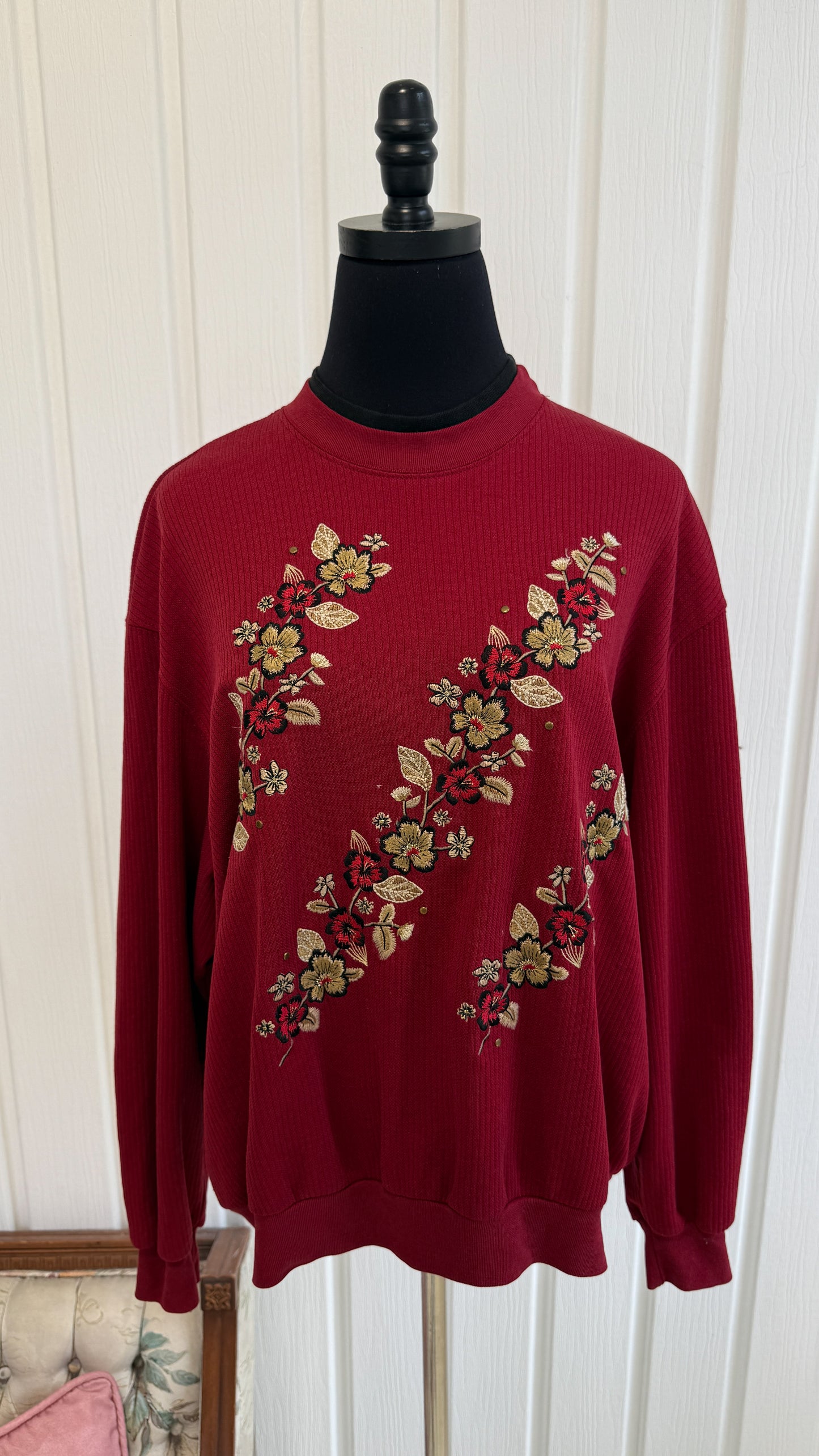 Chandail crewneck rouge fleuris - large
