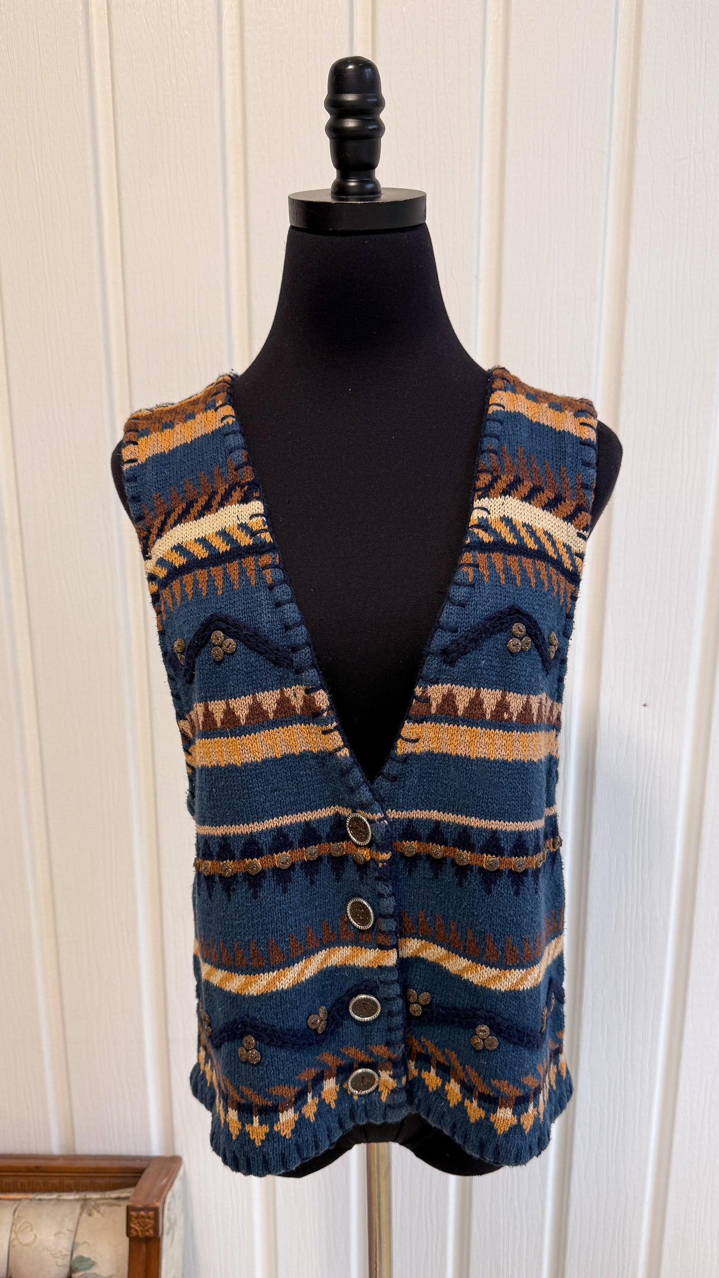 Veste sans manche en tricot bleu et beige- small