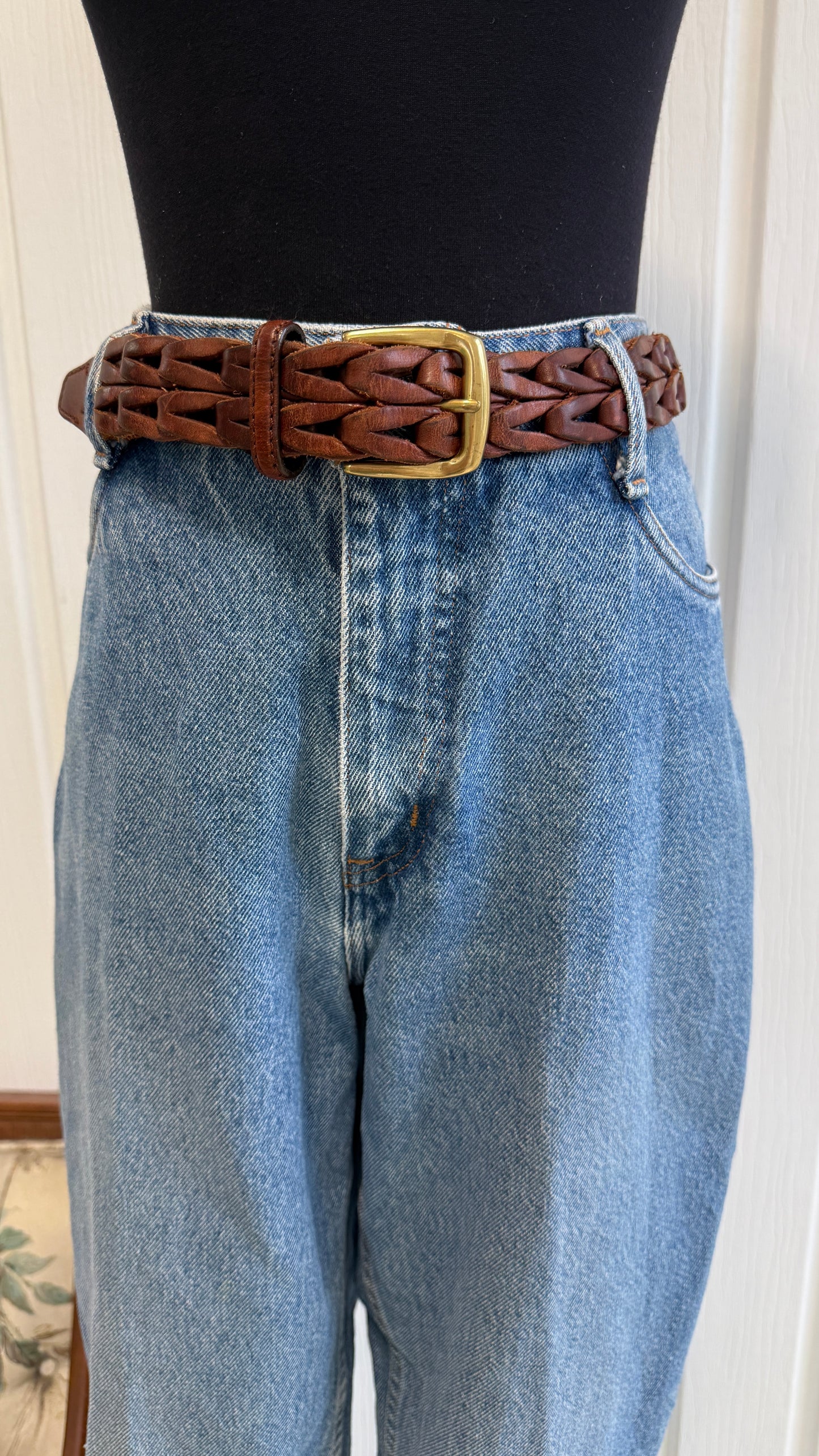 Ceinture en cuir tressée brune- large