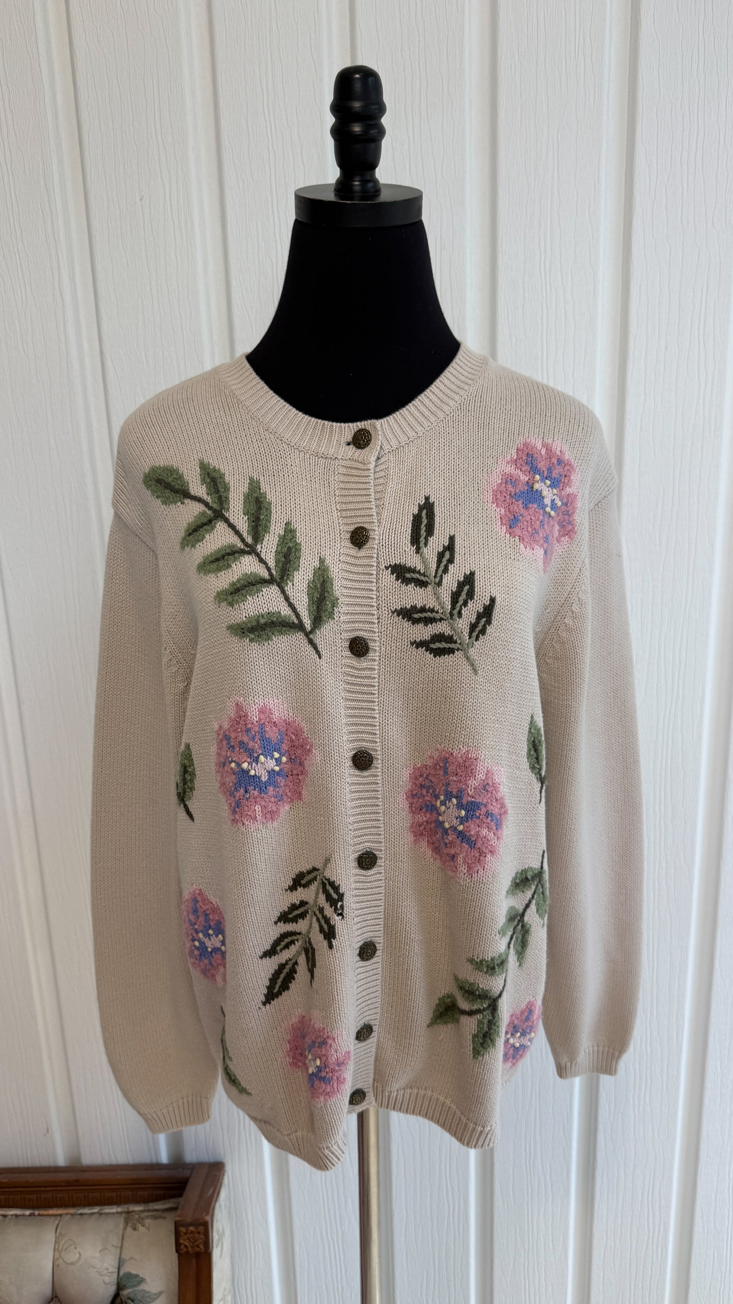 Cardigan tricot beige fleuris- medium