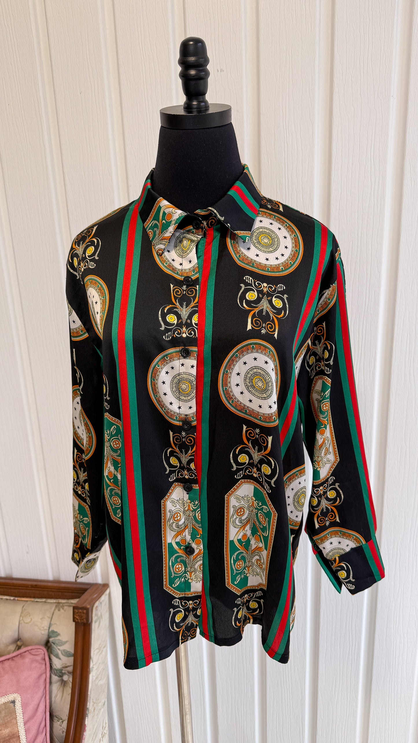Black striped patterned blouse - large