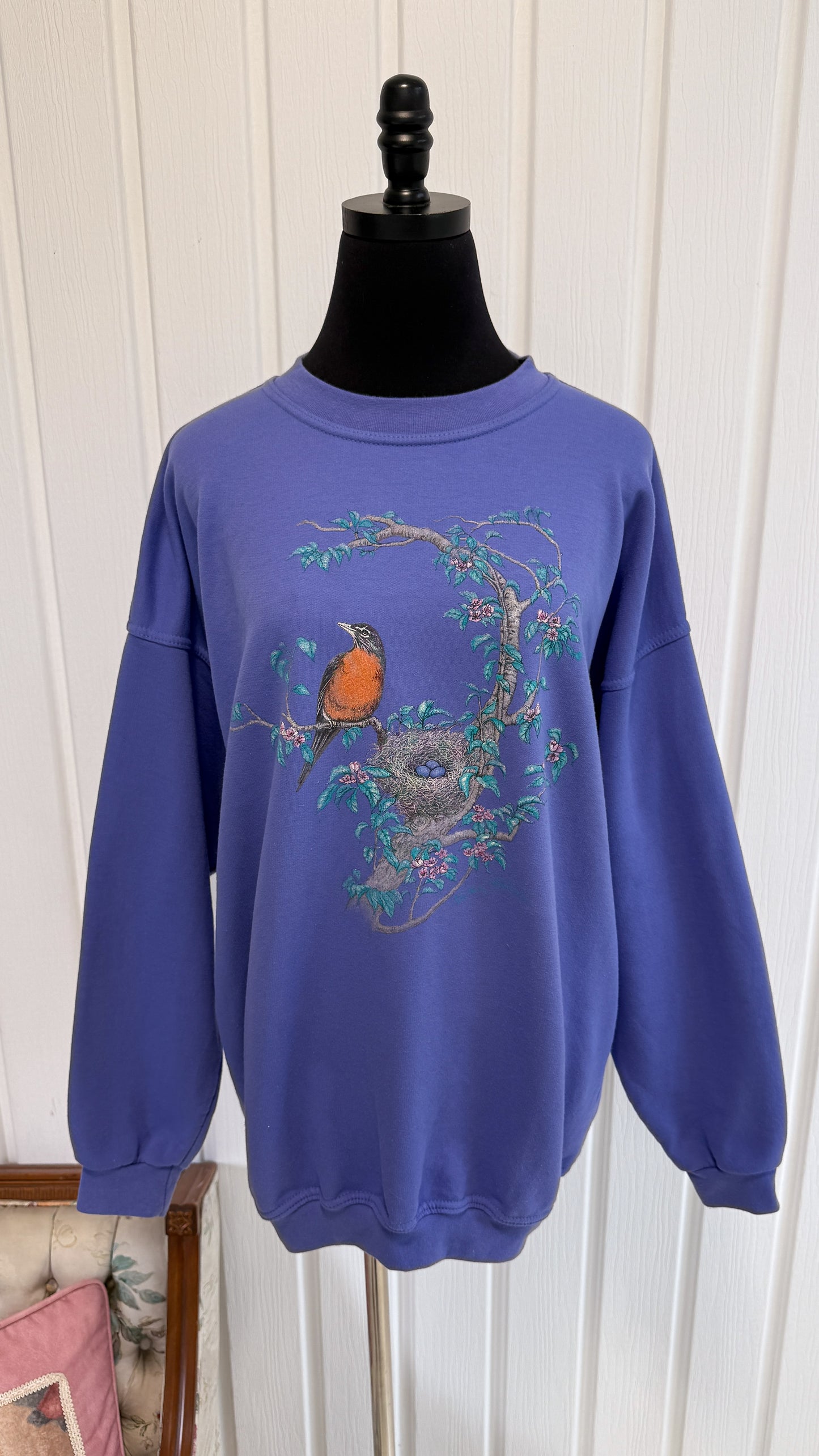 Chandail crewneck mauve oiseaux- x-large