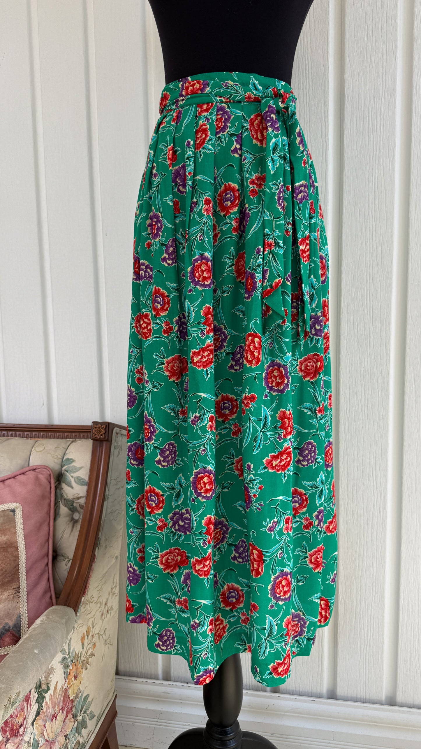 Green floral red wrap skirt - medium