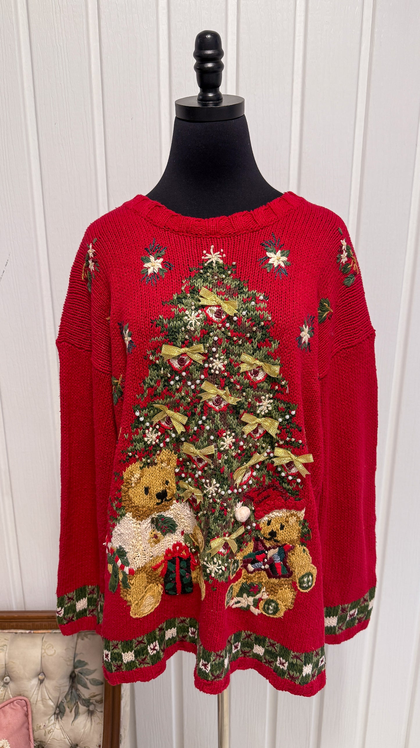 Chandail tricot rouge oursons et sapin- large