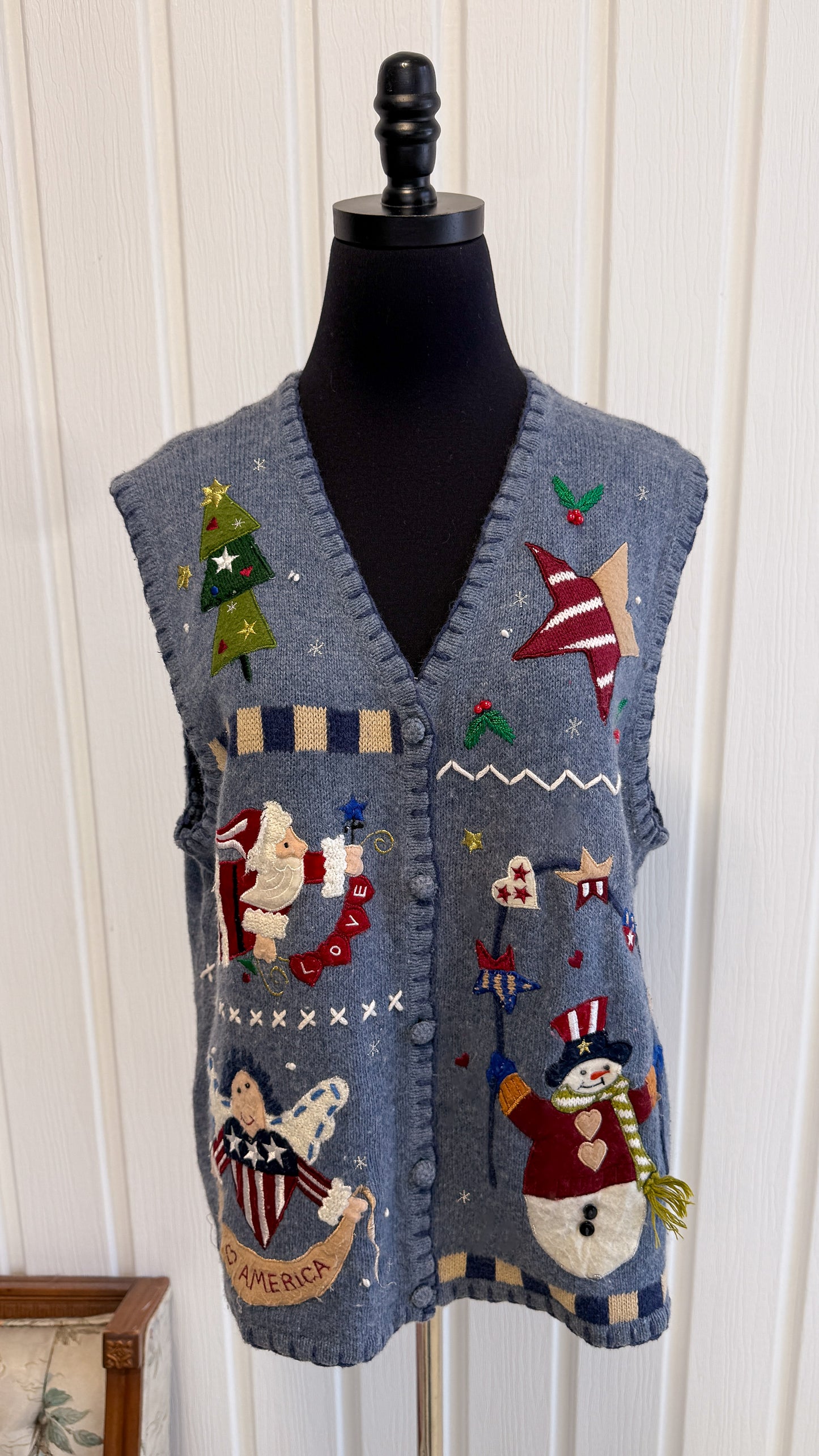 Gilet en tricot bleu motifs Noel- large