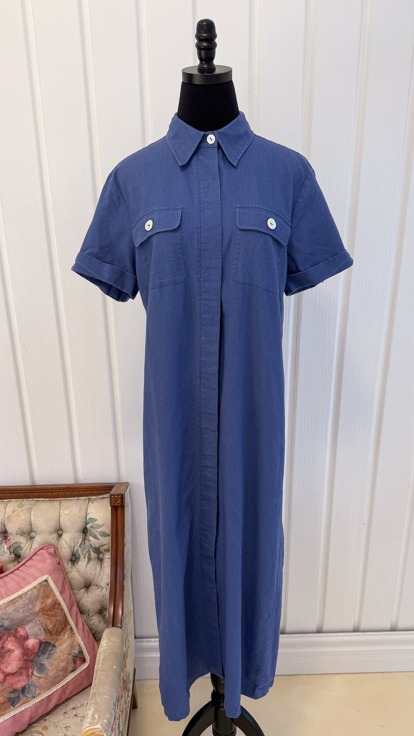 Robe chemisier en lin bleu- large