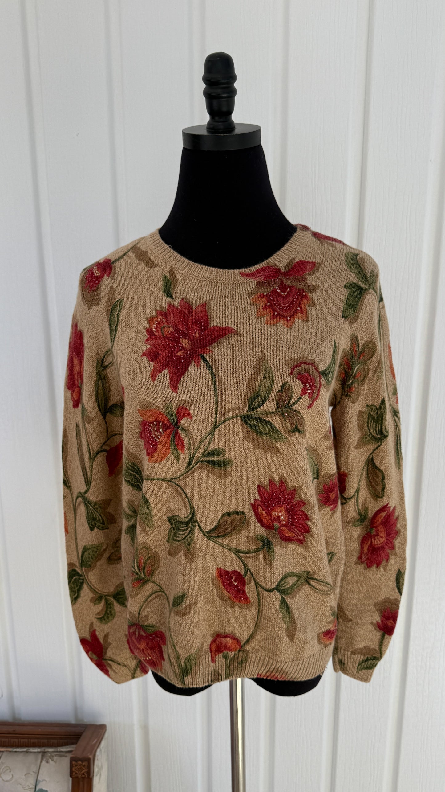 Chandail tricot beige fleuris- small