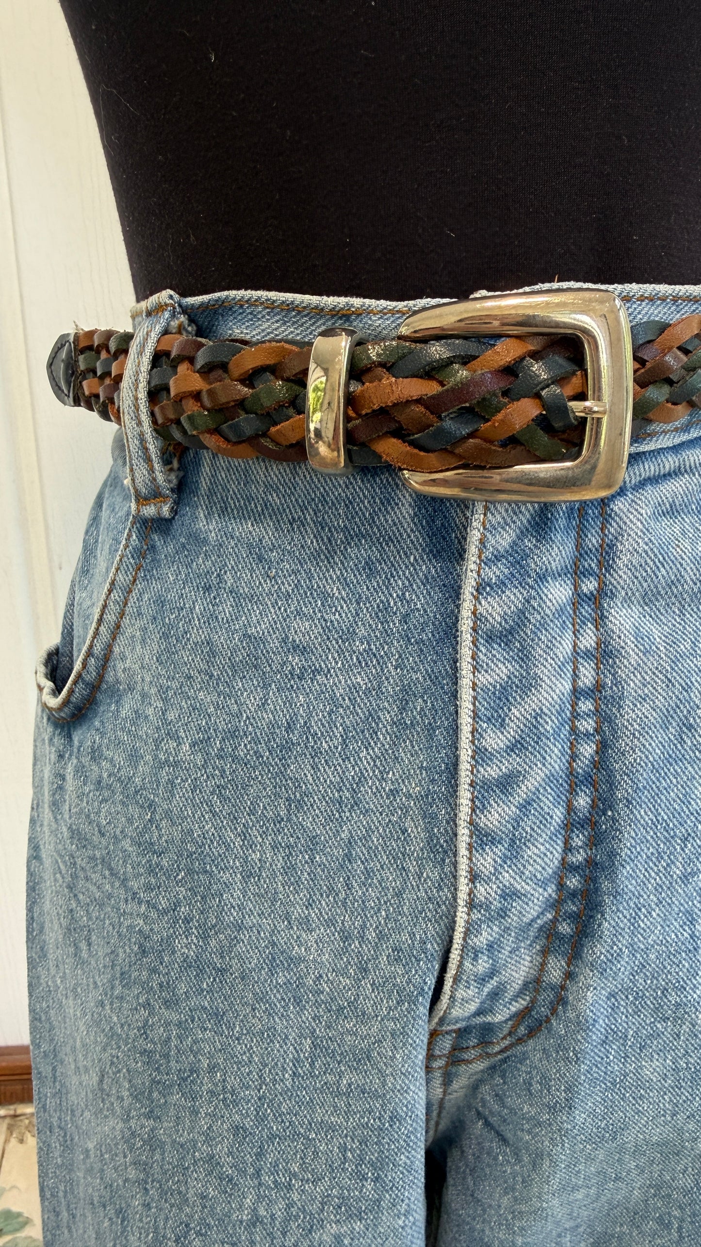 Ceinture en cuir tressé brun,bleu et vert - medium/large