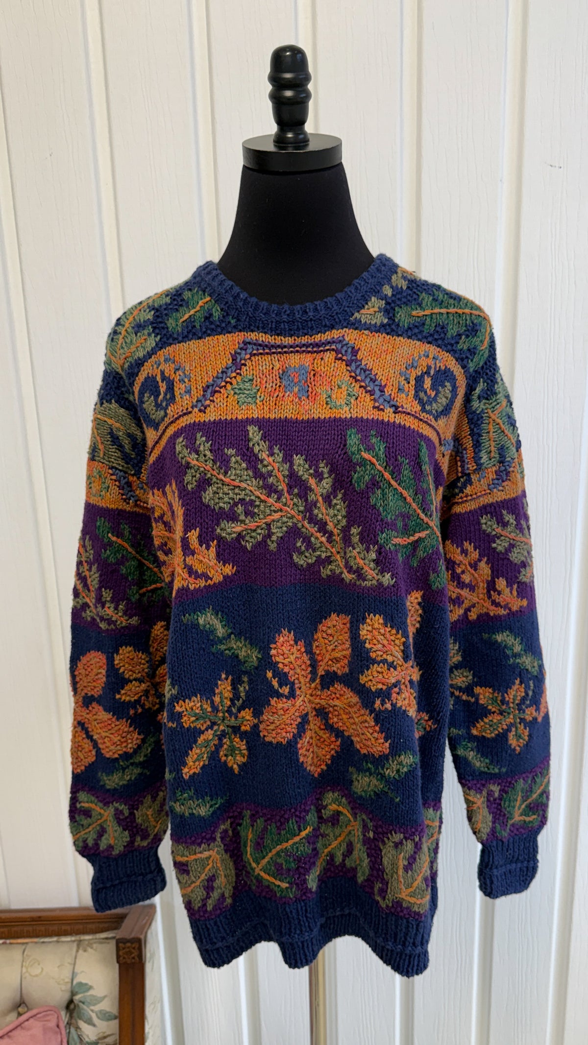 Chandail bleu tricot feuilles- medium