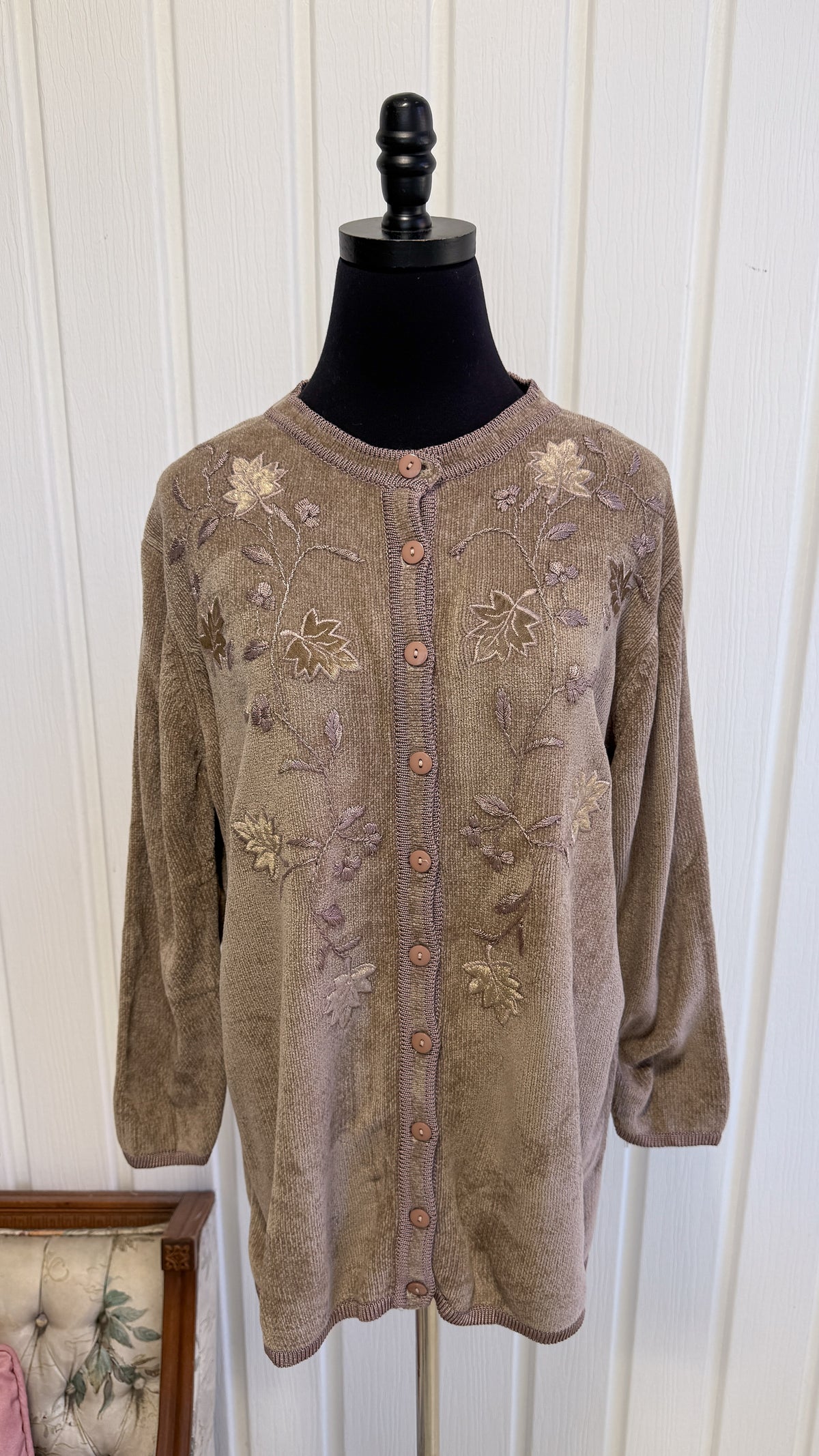 Cardigan tricot velours beige feuilles- large