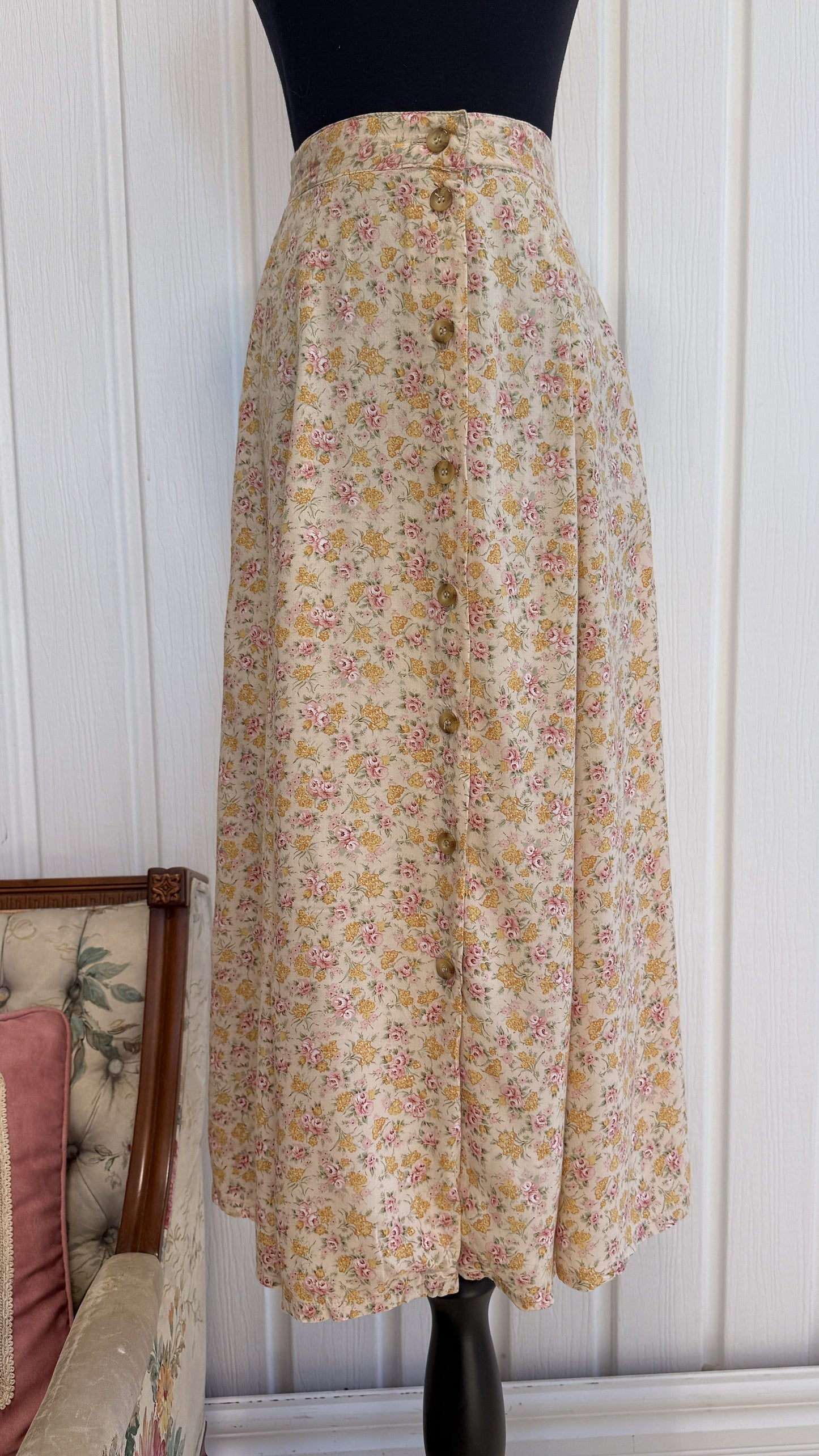 Jupe beige fleurie rose et jaune- medium