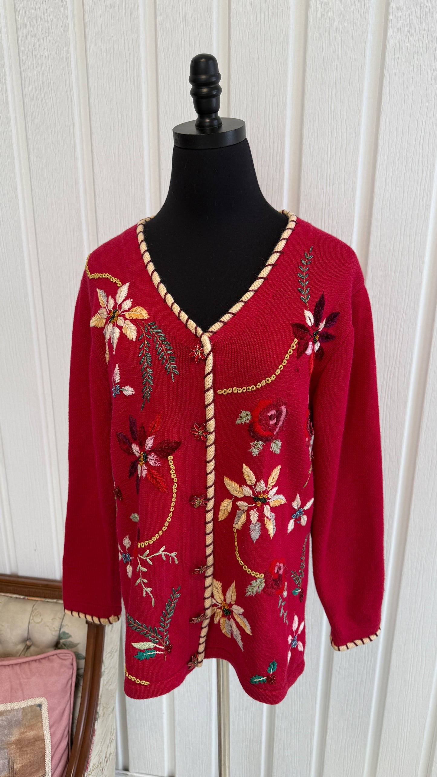 Cardigan tricot rouge brodé fleuris- small