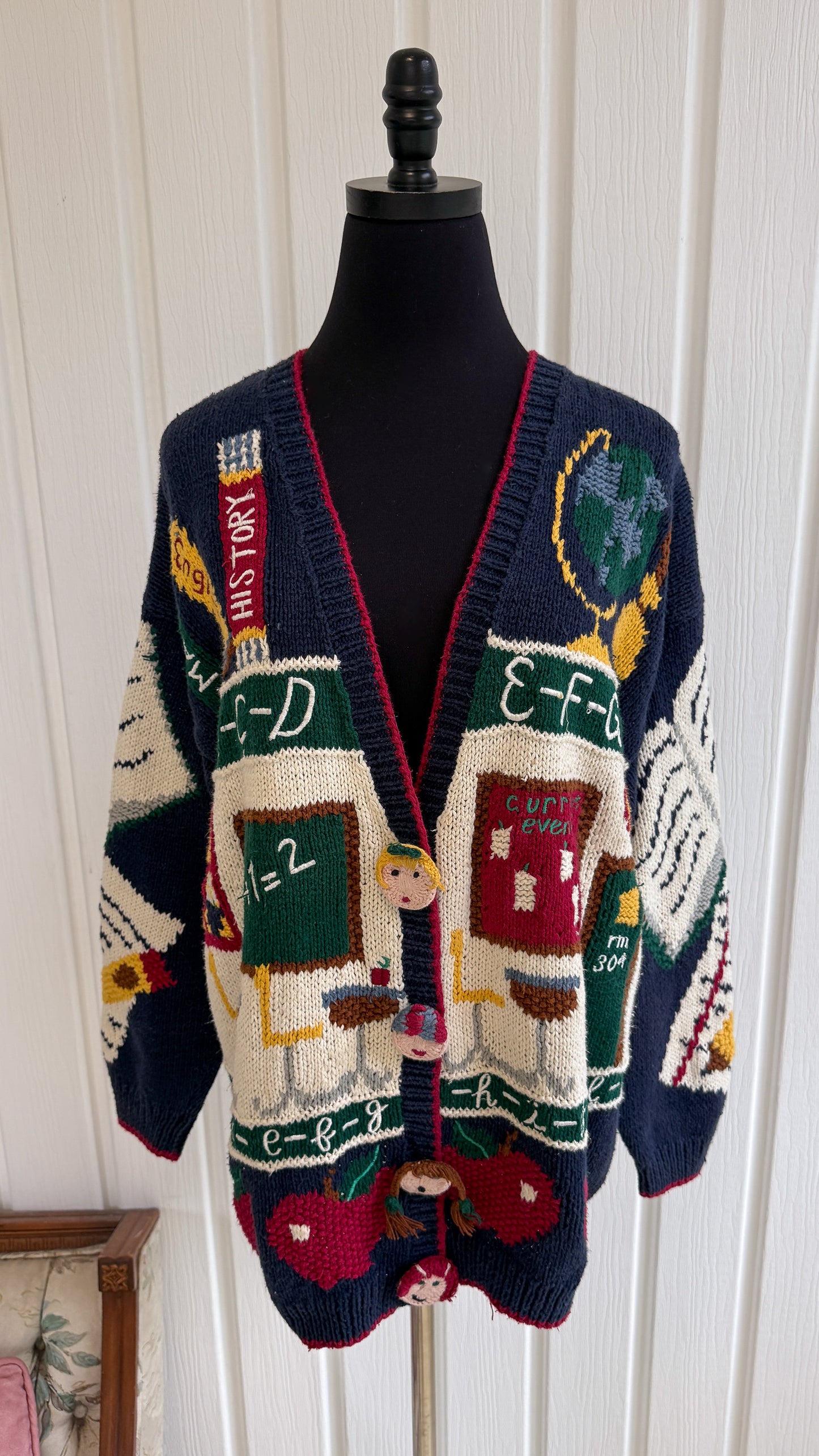 Cardigan tricot marine motifs école- large