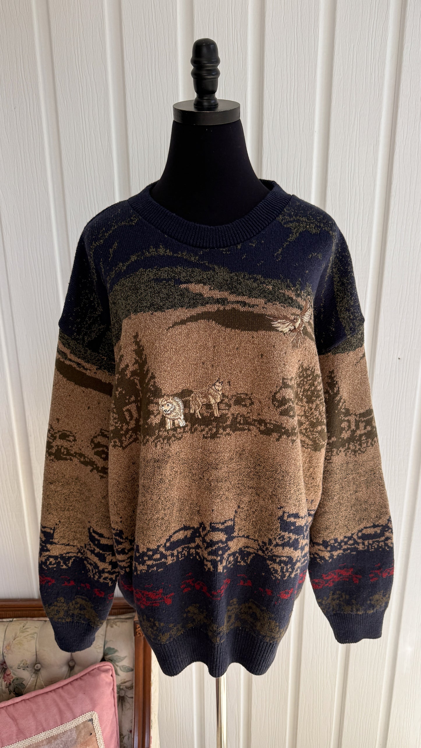 Chandail tricot marine et beige loups- x-large