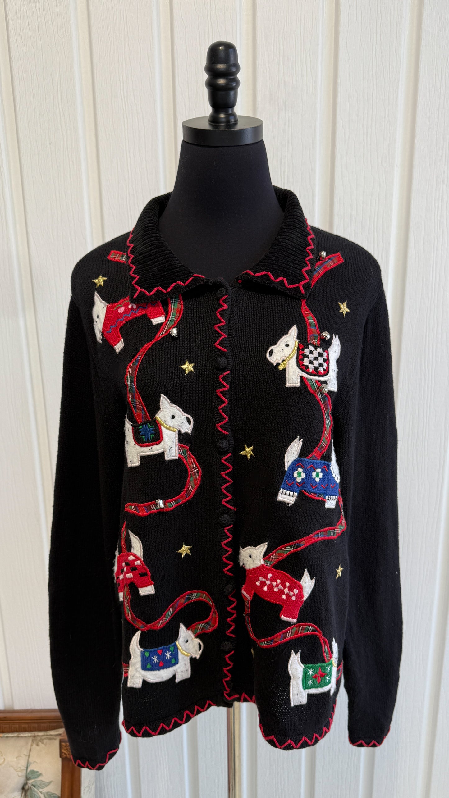 Veste en tricot noir chiens de Noel- large