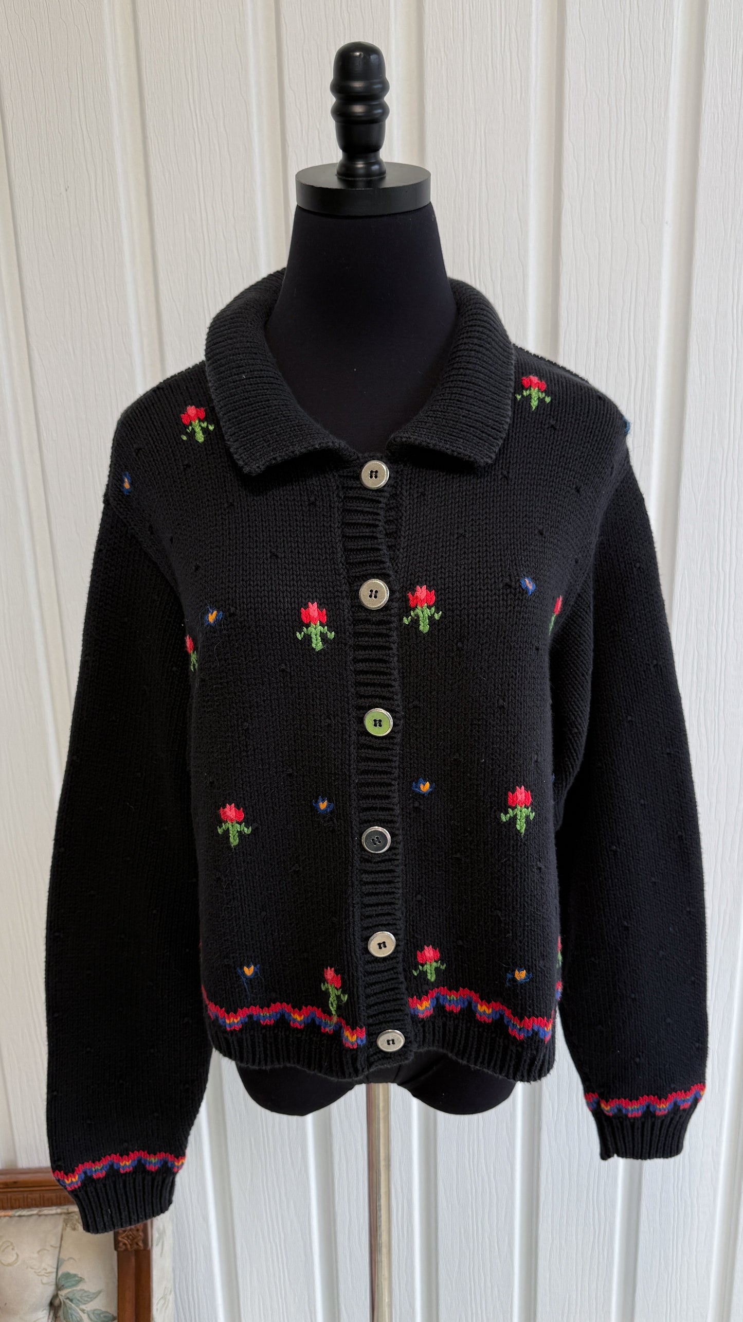 Cardigan tricot noir fleuris - small
