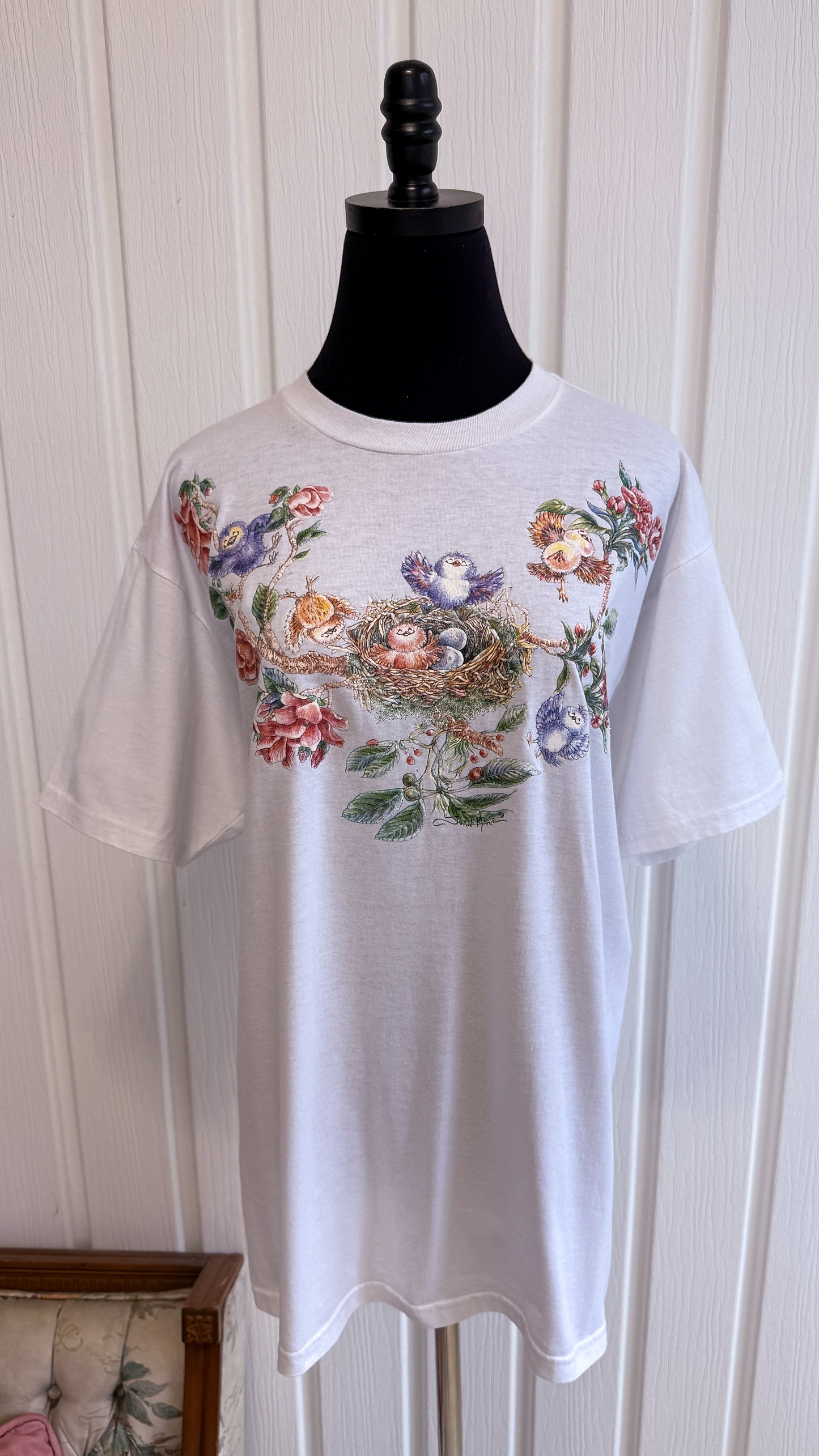 T-shirt blanc oiseaux- large
