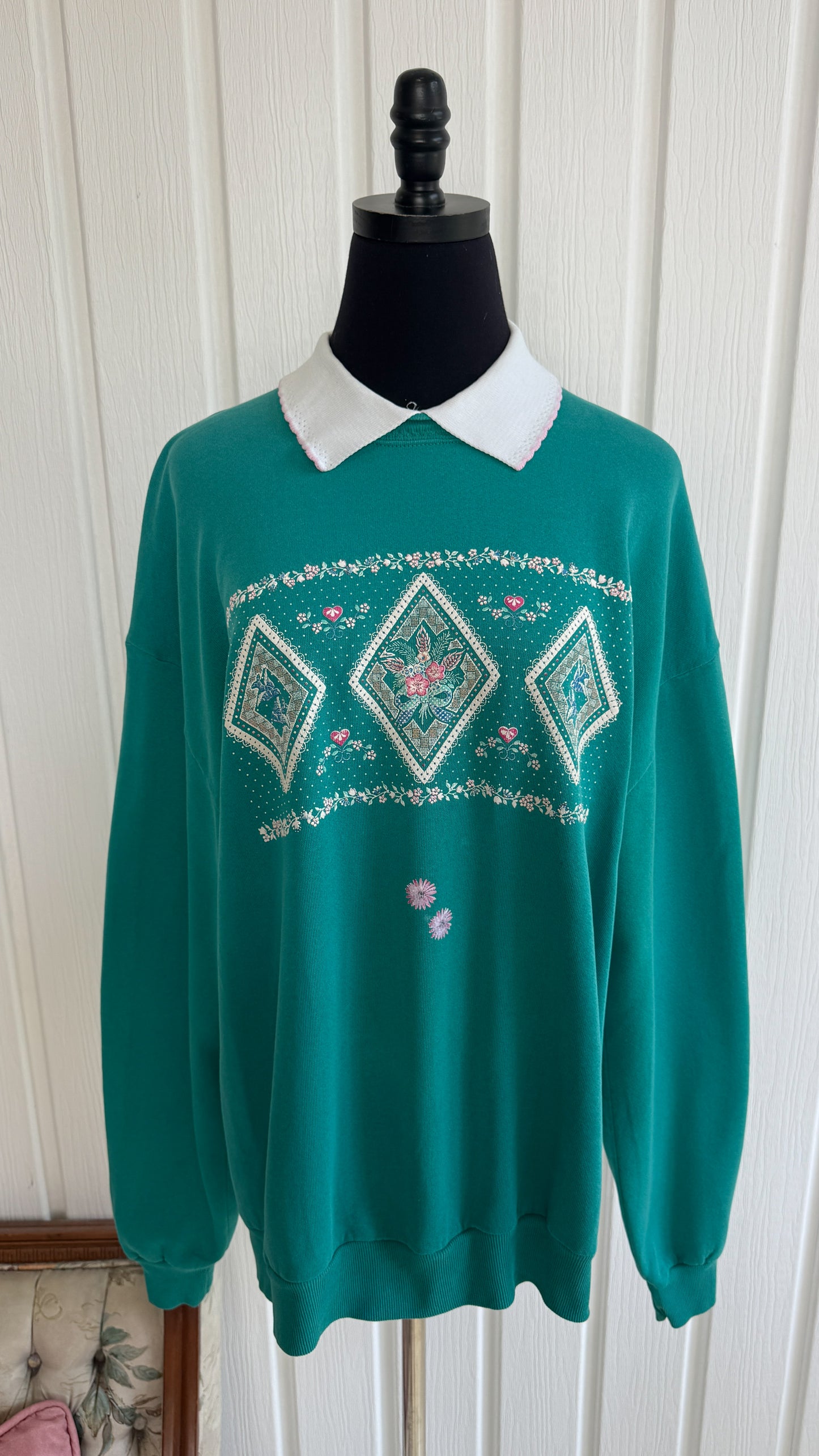 Chandail crewneck turquoise losanges fleuris- large
