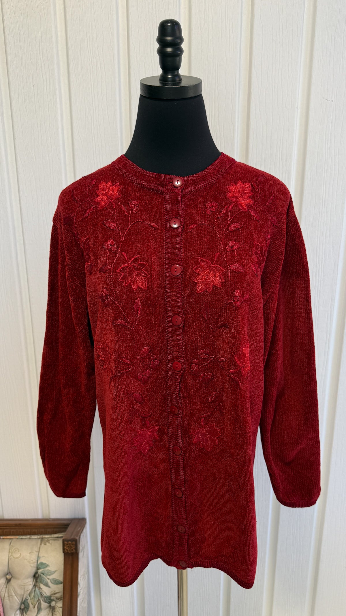 Cardigan tricot velours feuille rouge- large