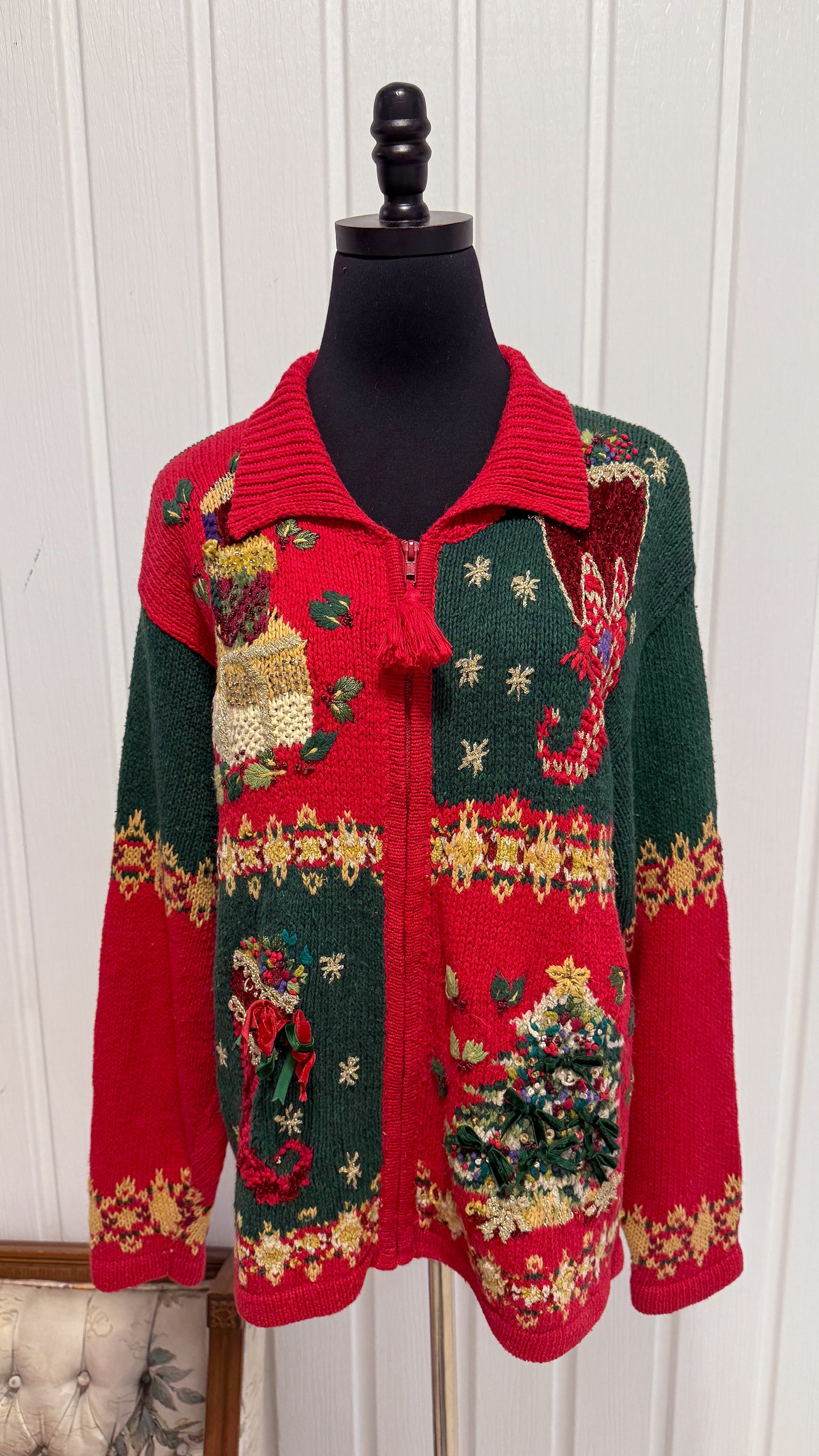 Cardigan tricot rouge motifs Noël- medium