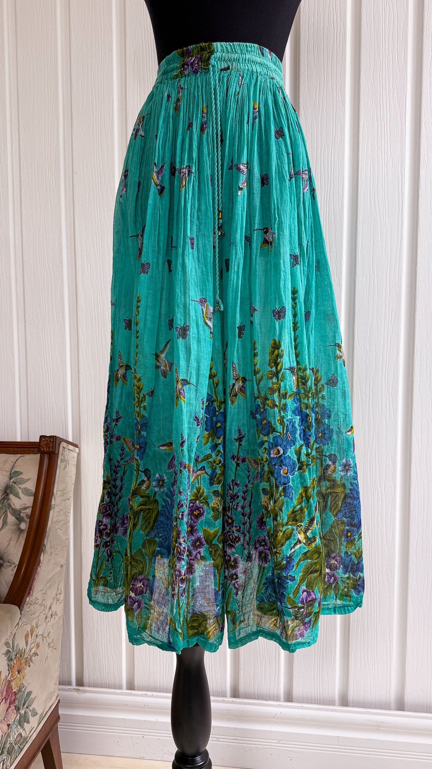 Turquoise hummingbird and flower skirt - medium/large