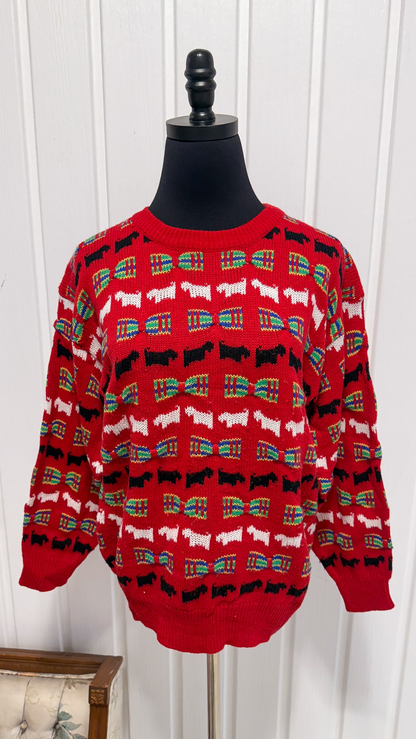 Chandail tricot rouge chiens- small